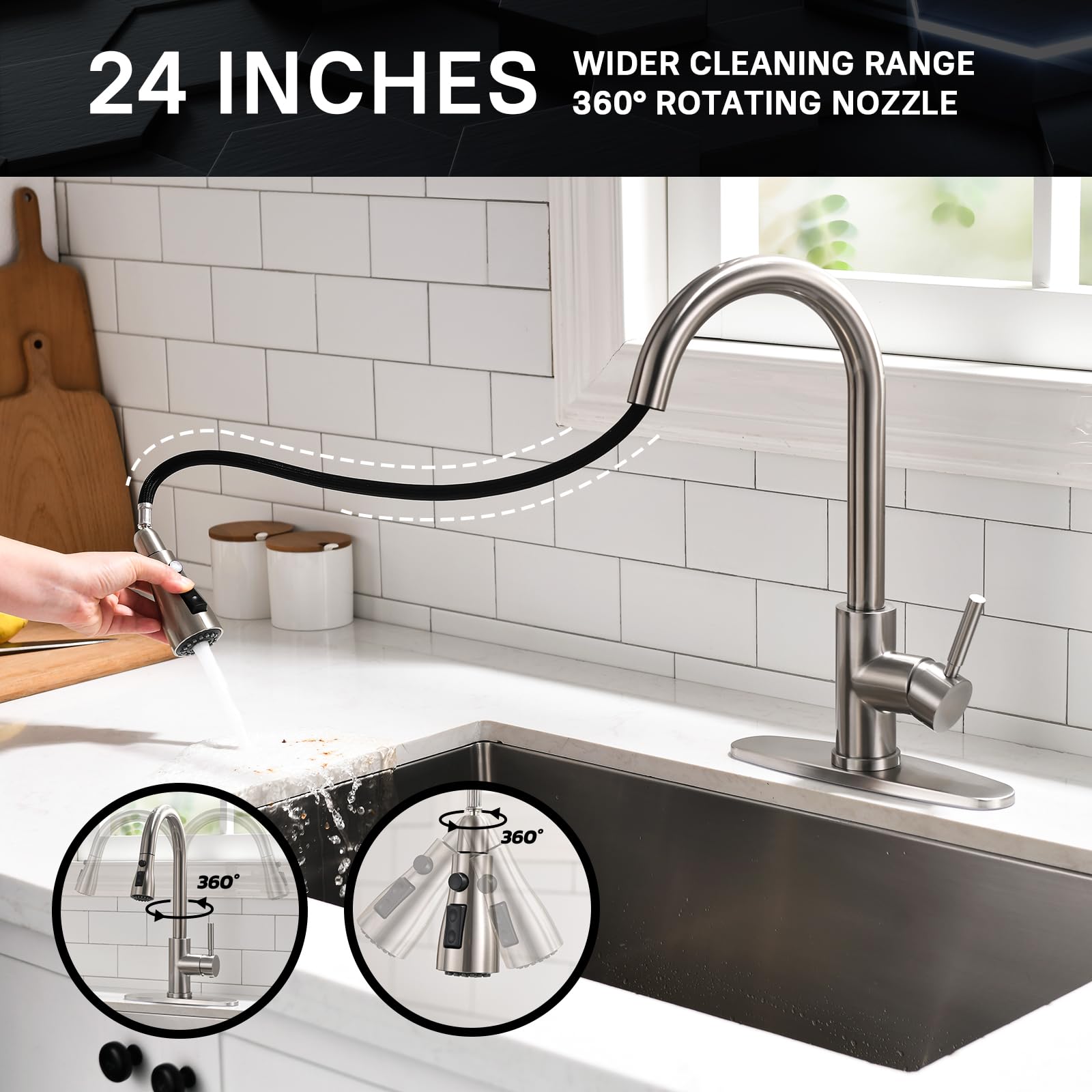 WEWE Single Handle High Arc Brushed Nickel Pull Out Kitchen Faucet,Single Level Stainless Steel Kitchen Sink Faucets with Pull Down Sprayer