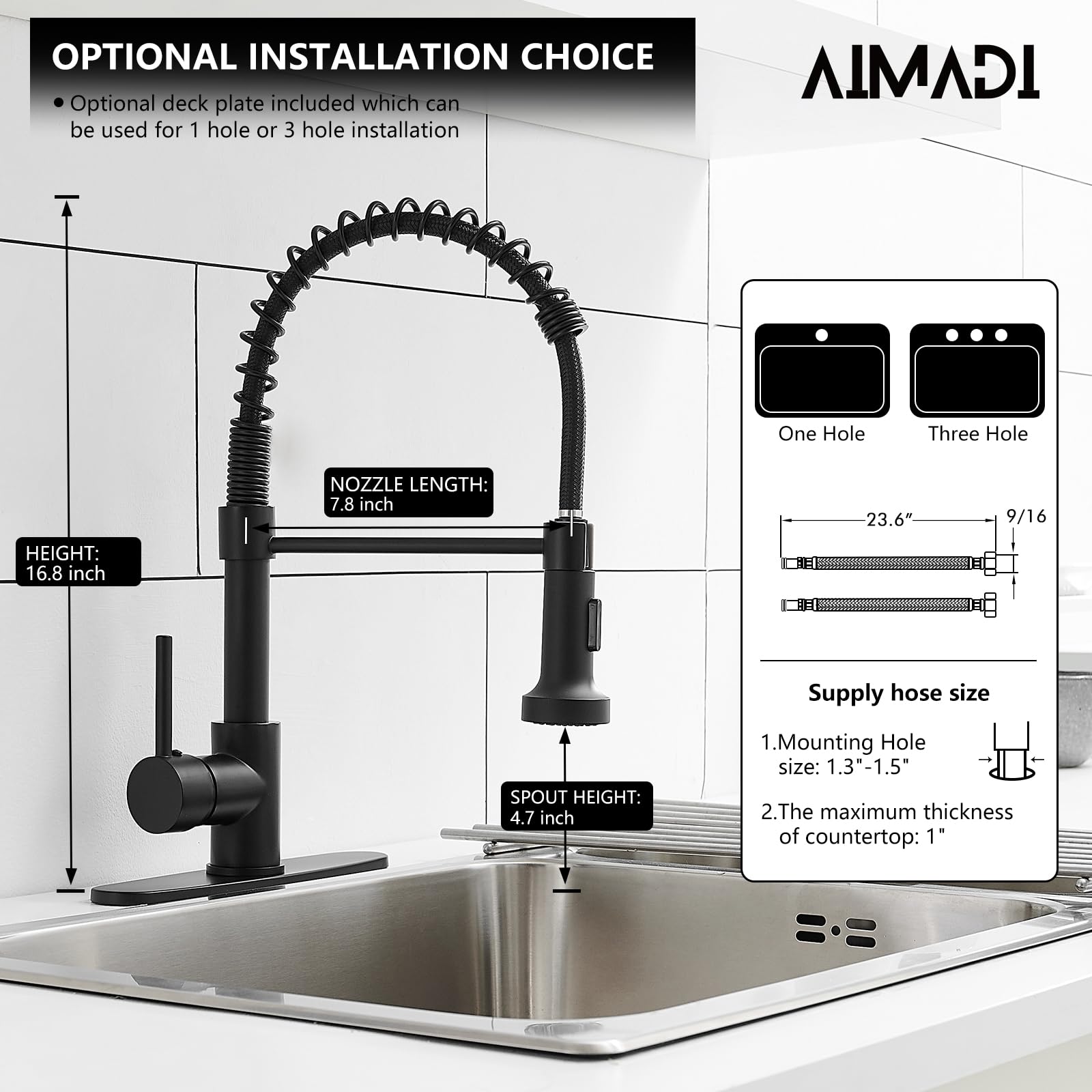 AIMADI Black Kitchen Faucet with Sprayer - Commercial Faucet Kitchen Single Handle Spring Pull Down Kitchen Sink Faucet with LED Light,Matte Black