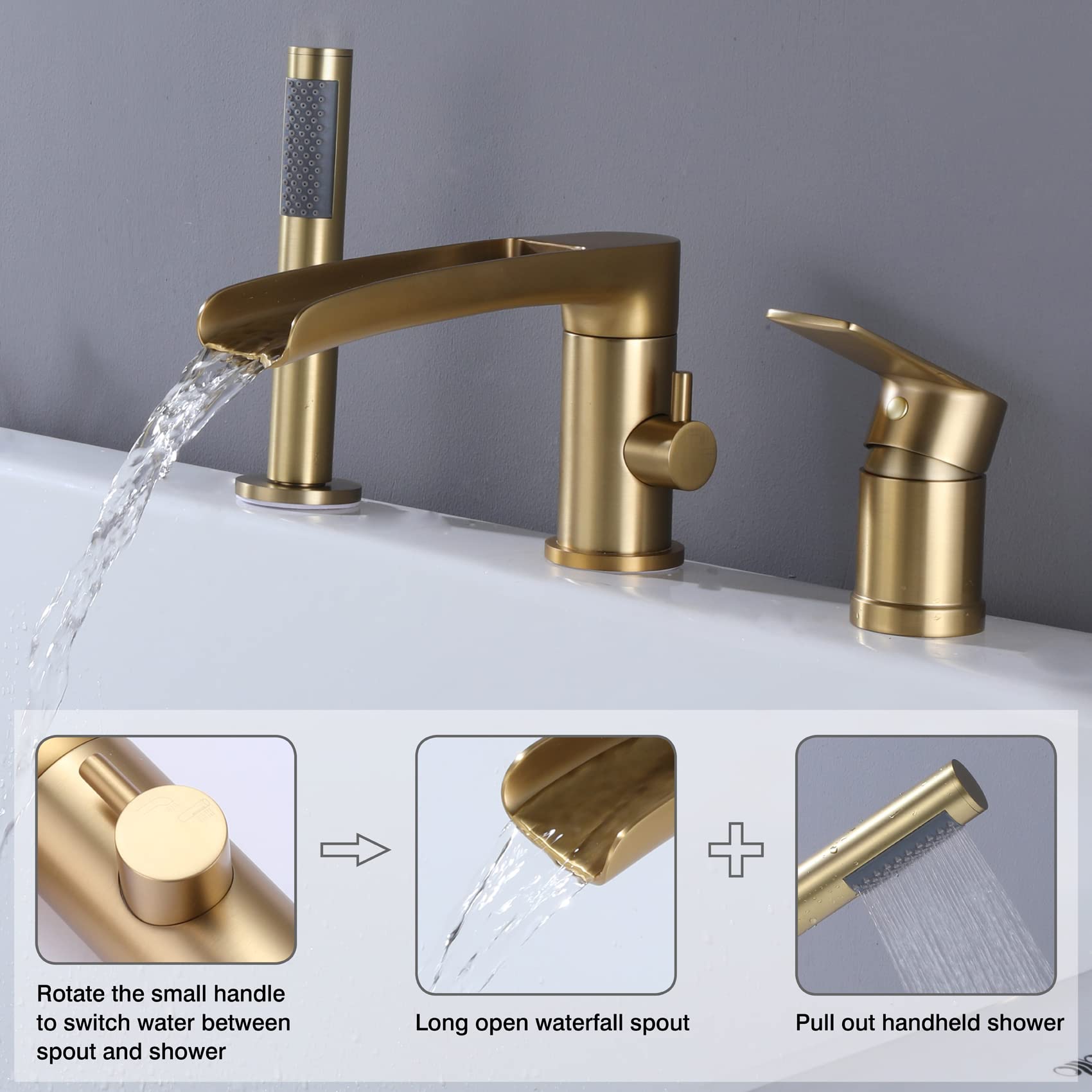 TapLong Waterfall Roman Tub Faucet with Hand Shower, Deck Mount 3 Hole Bathtub Faucet Set High Flow Bath Tub Faucet Set Deck Mount Solid Brass, Matte Black,03766B