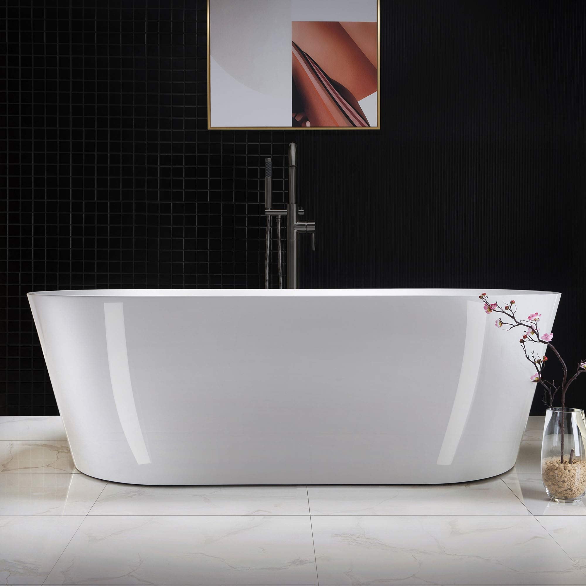 WOODBRIDGE 67" Acrylic Freestanding Bathtub Contemporary Soaking Tub, White Acrylic (Matte Black Drain/Overflow), B0013-MB-Drain &O