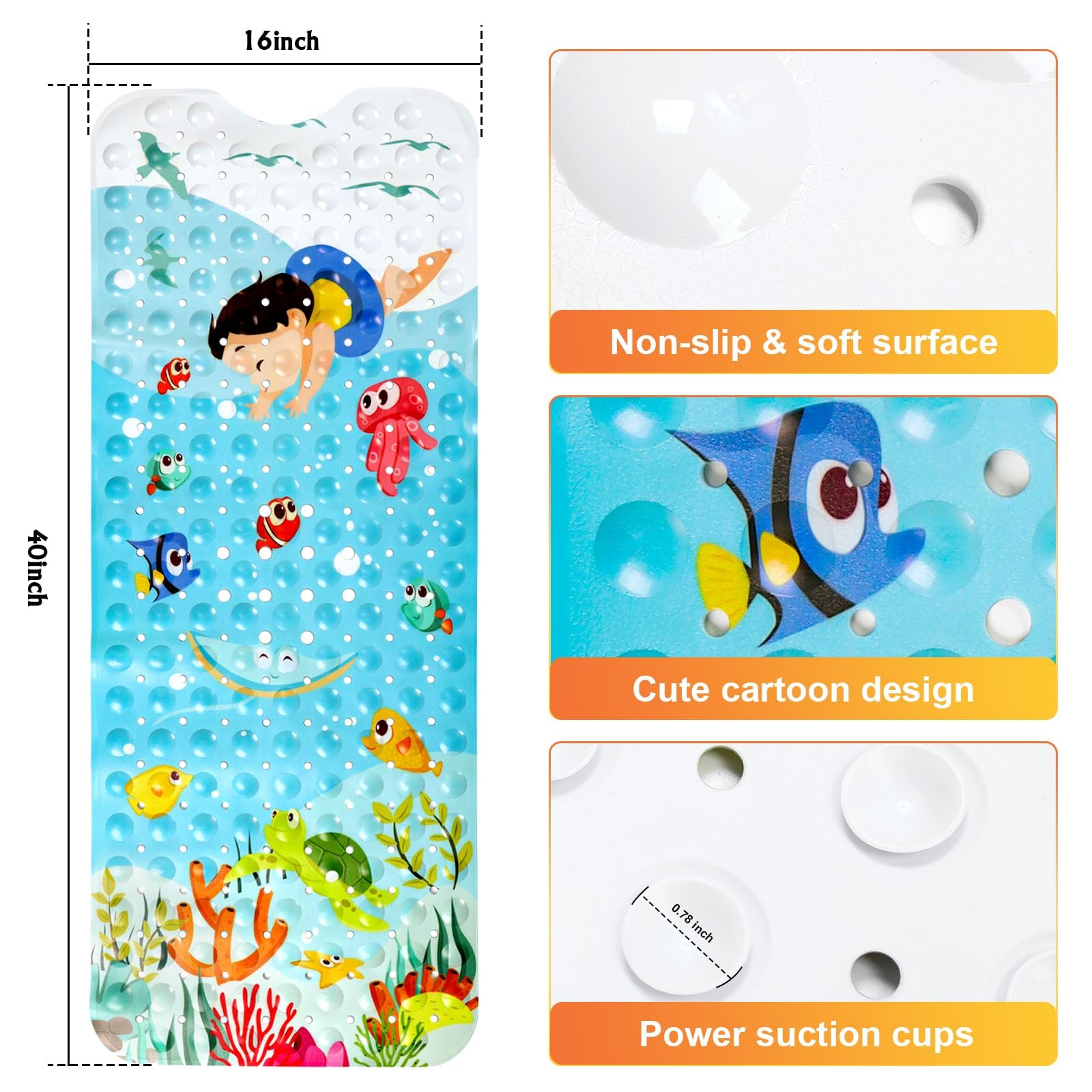 Secopad Baby Bath Mat for Tub for Kids, 40 X 16 Inch Non Slip Cartoon Bath Tub Shower Mat Anti Slip with Drain Holes and Suction Cups Machine Washable, Turtle