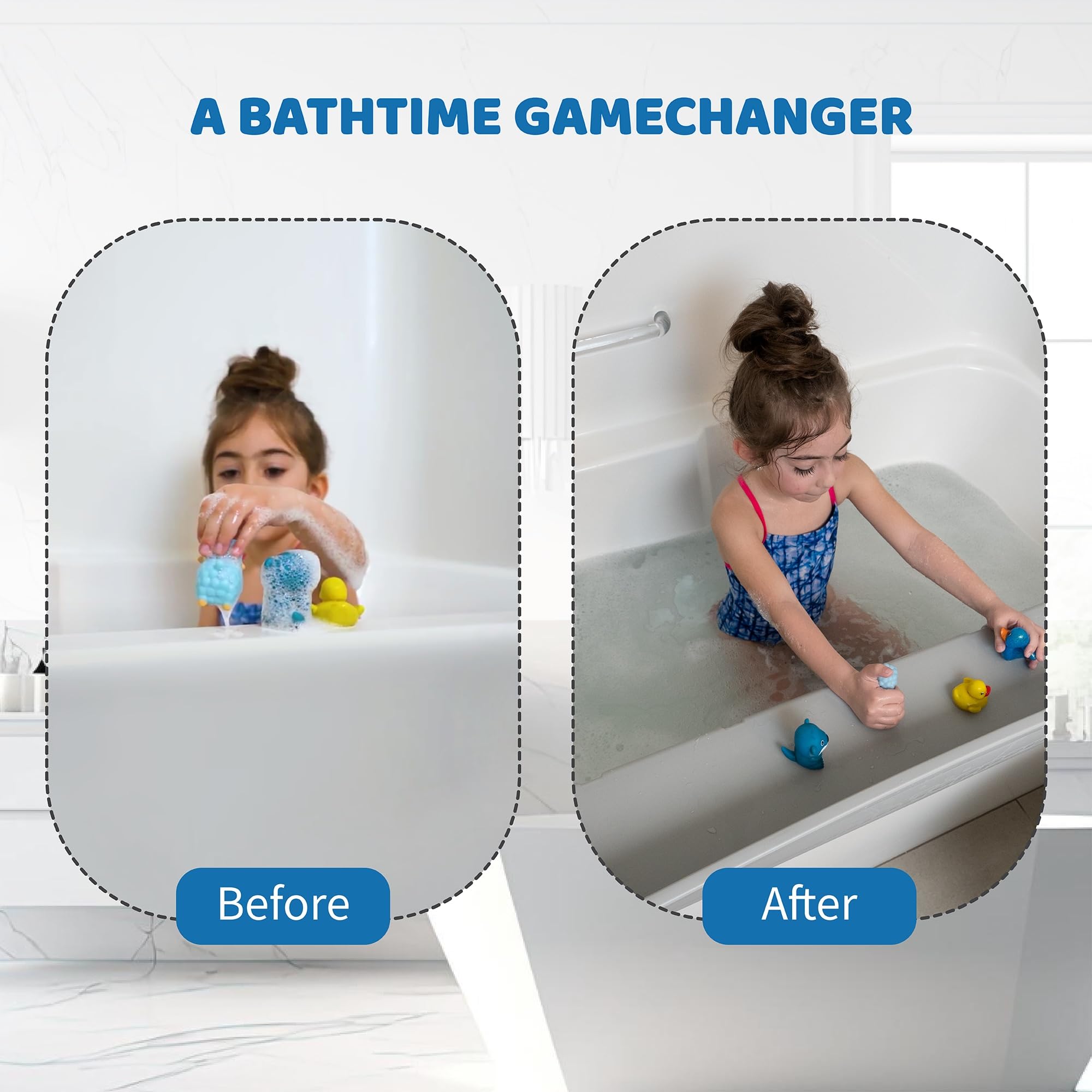 Tub Topper® Bathtub Splash Guard Play Shelf Area -Toy Tray Caddy Holder Storage -Suction Cups Attach to Bath Tub -No Mess Water Spill in Bathroom -Fun for Toddlers Kids Baby