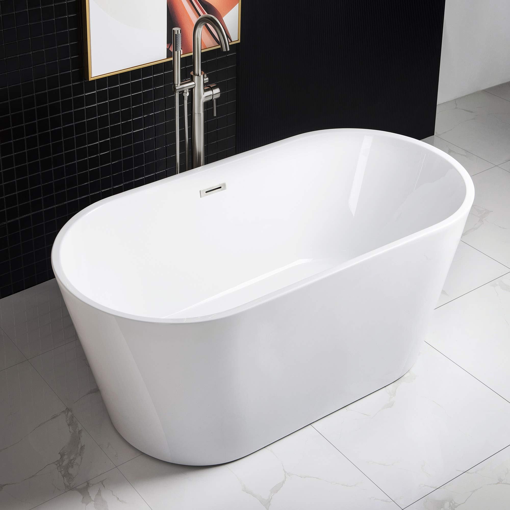 WOODBRIDGE 67" Acrylic Freestanding Bathtub Contemporary Soaking Tub, White Acrylic (Matte Black Drain/Overflow), B0013-MB-Drain &O