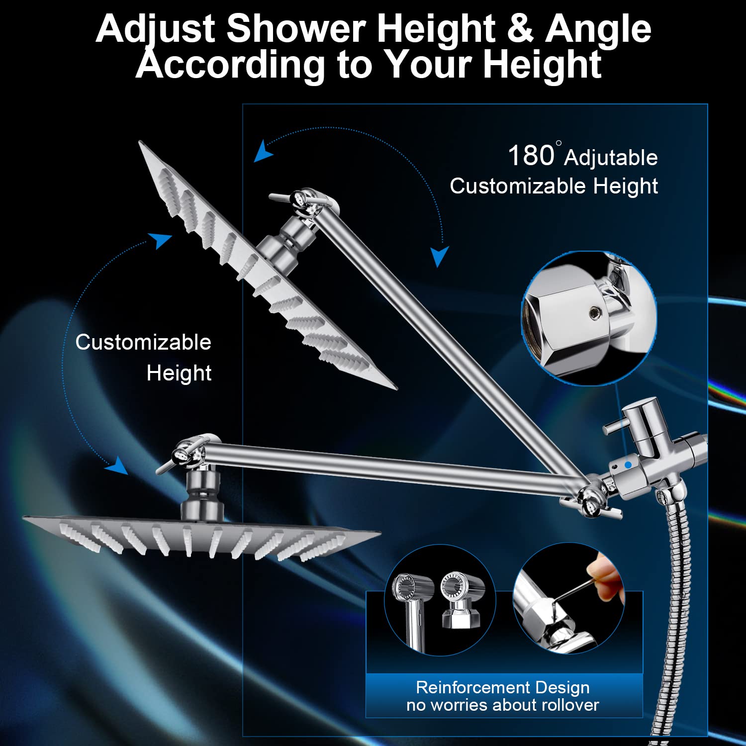 Shower Head Combo,10 Inch High Pressure Rain Shower Head with 11 Inch Adjustable Extension Arm and 5 Settings Handheld ,Powerful Shower Spray Against Low Pressure Water with Long Hose