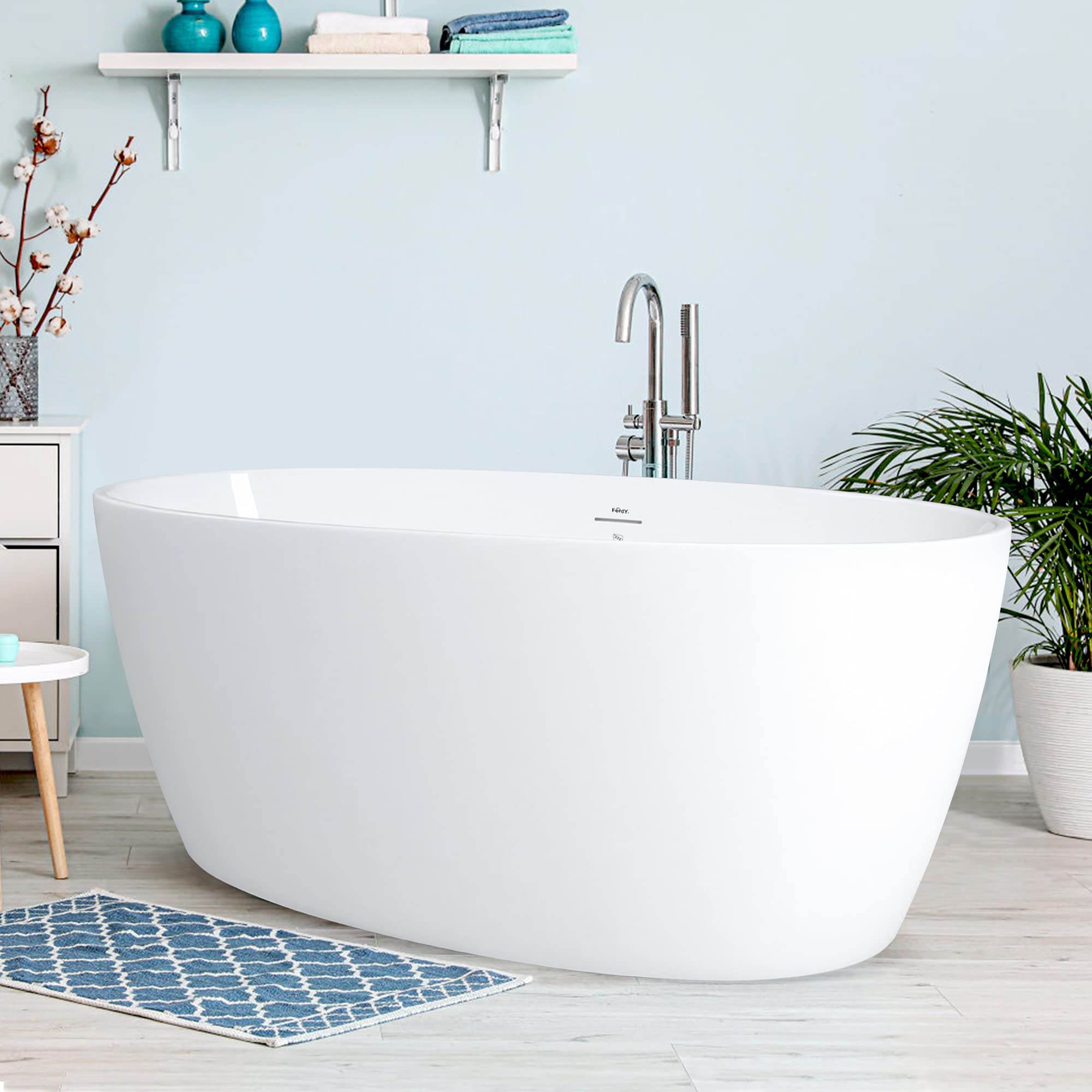 FerdY Tahiti 55" Acrylic Freestanding Bathtub, Elegant Oval Shape Soaking Bathtub, Glossy White, Brushed Nickel Drain & Integrated Slotted Overflow Assembly Included cUPC Certified