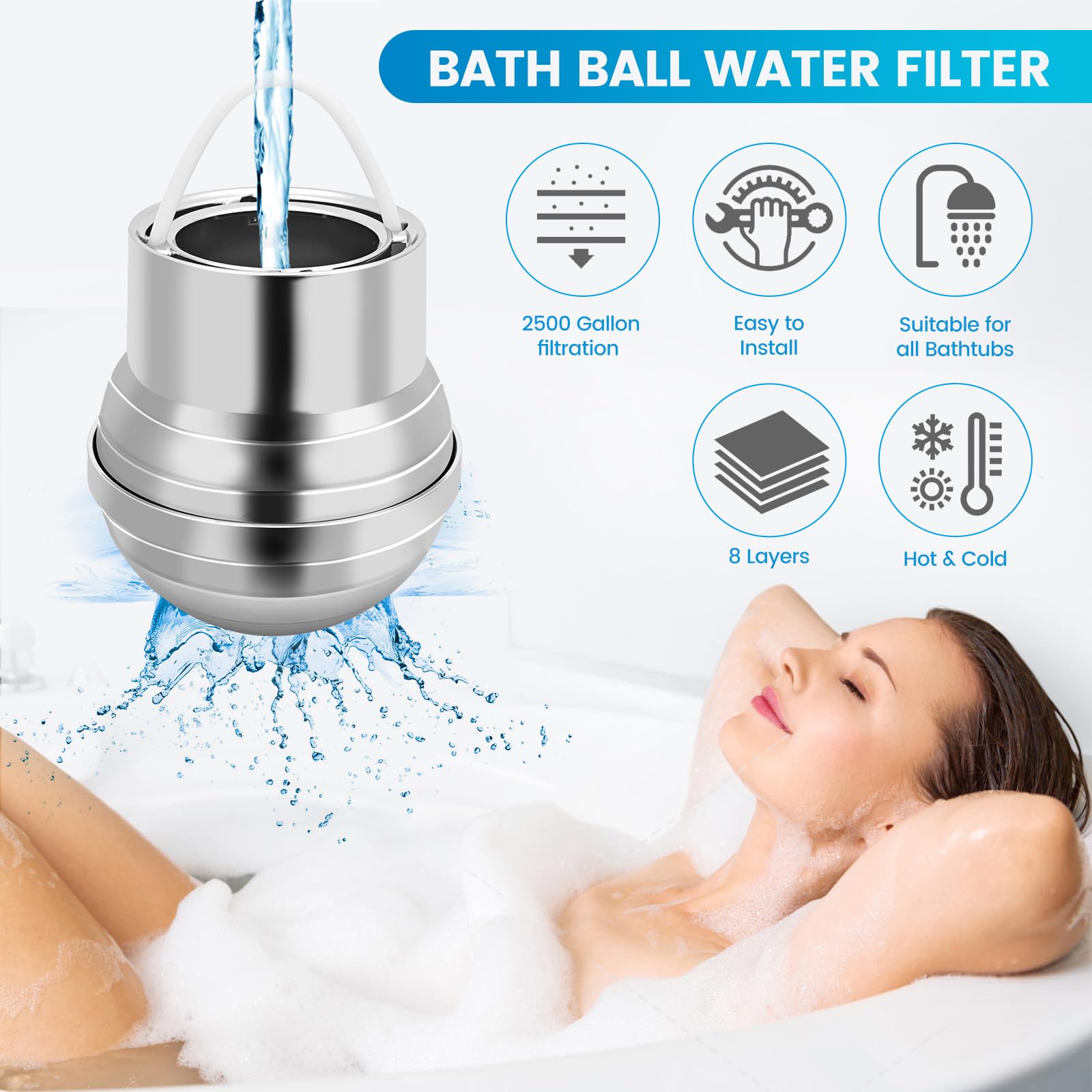 Bath Ball Filter, Bathtub Water Filter-8 Stages Bath Filter for Tub Faucet, BPA Free, Removes Hundreds of Contaminants, Purify Your Bathwater for Healthier Skin and Hair