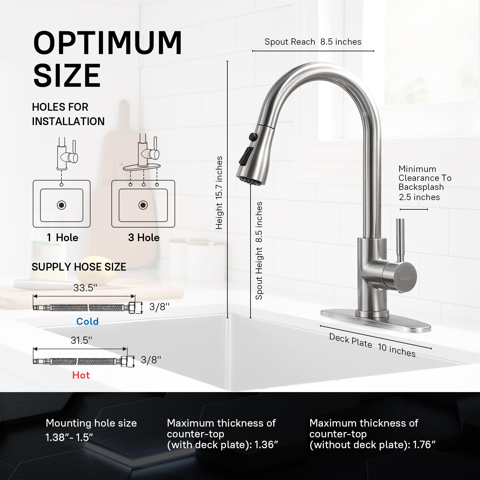 WEWE Single Handle High Arc Brushed Nickel Pull Out Kitchen Faucet,Single Level Stainless Steel Kitchen Sink Faucets with Pull Down Sprayer