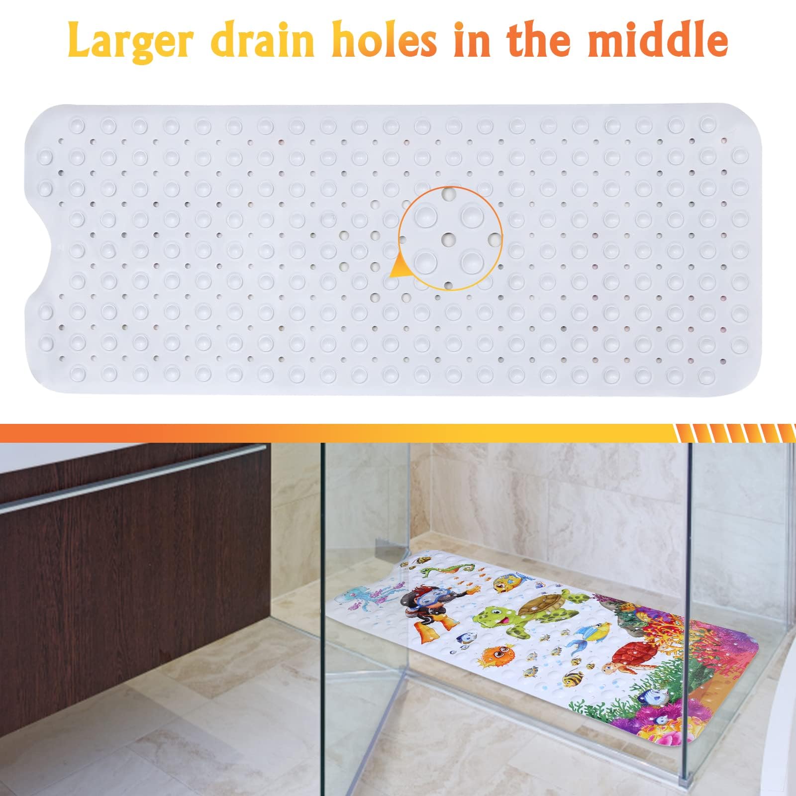 Secopad Baby Bath Mat for Tub for Kids, 40 X 16 Inch Non Slip Cartoon Bath Tub Shower Mat Anti Slip with Drain Holes and Suction Cups Machine Washable, Turtle