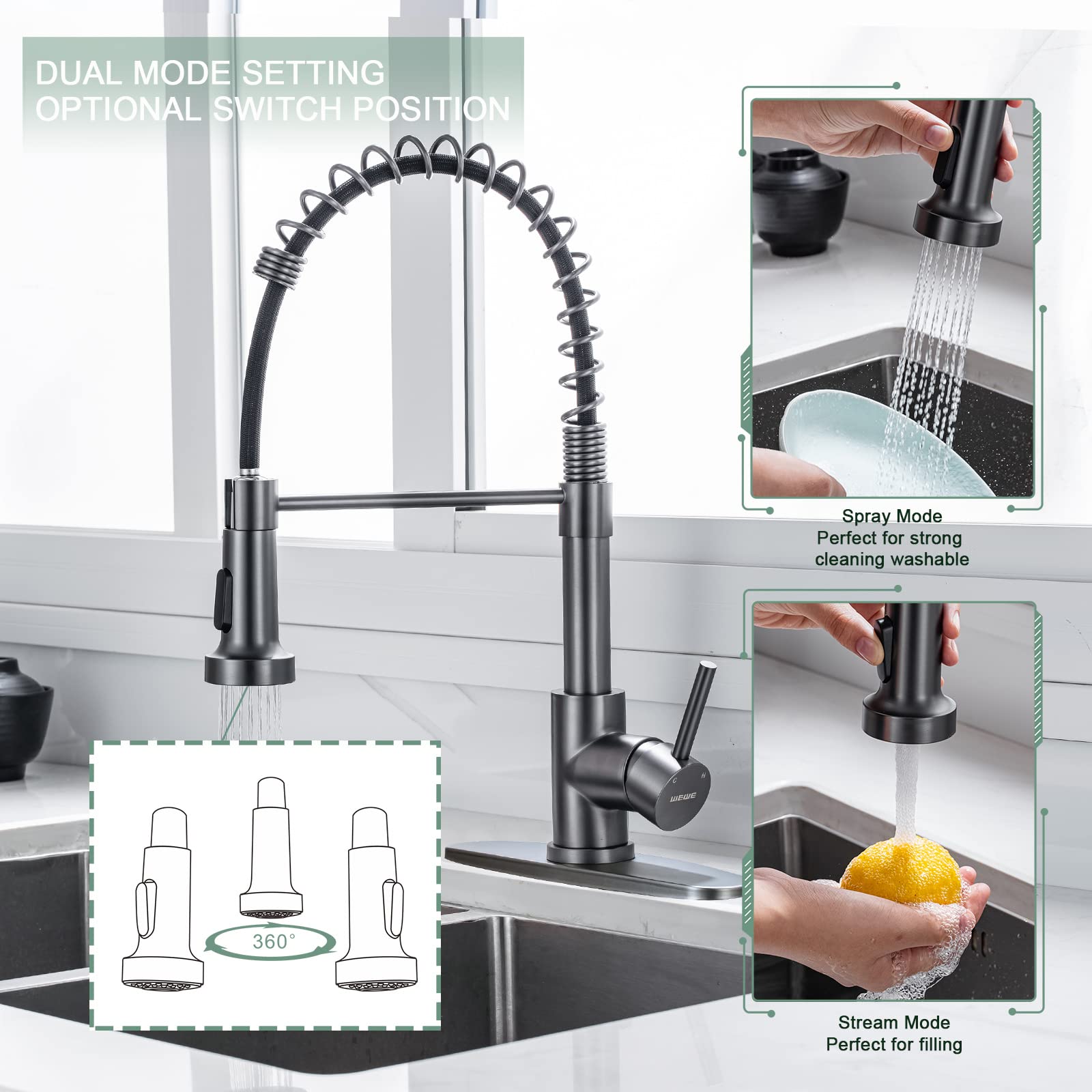 WEWE Kitchen Faucets with Pull Down Sprayer Commercial Industrial Stainless Steel Single Handle Single Hole Spring Farmhouse RV Sink Faucet, Matte Black