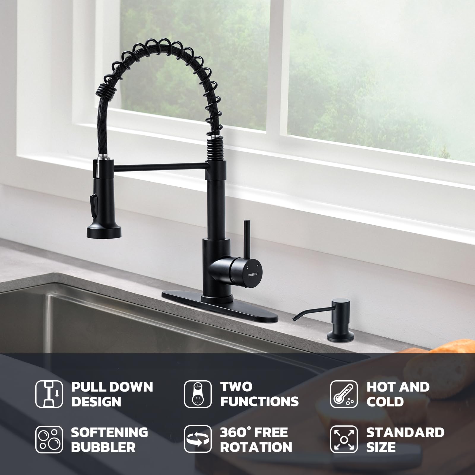 WEWE Kitchen Faucets with Pull Down Sprayer Commercial Industrial Stainless Steel Single Handle Single Hole Spring Farmhouse RV Sink Faucet, Matte Black