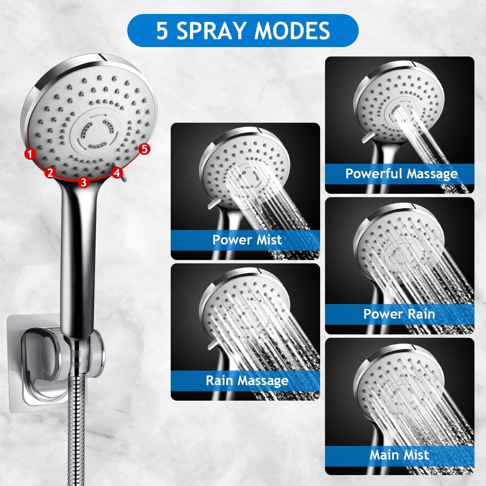 Shower Head Combo,10 Inch High Pressure Rain Shower Head with 11 Inch Adjustable Extension Arm and 5 Settings Handheld ,Powerful Shower Spray Against Low Pressure Water with Long Hose