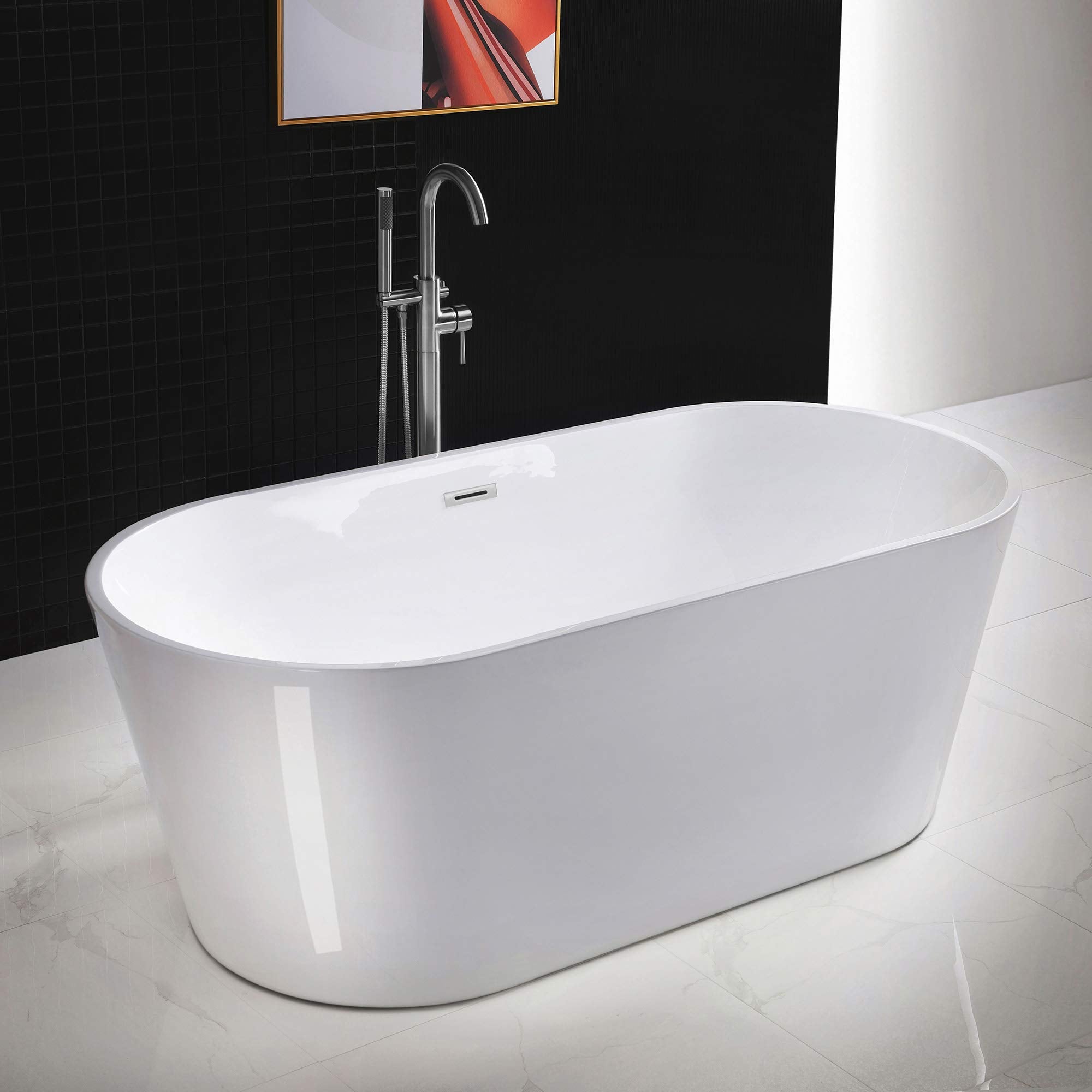 WOODBRIDGE 67" Acrylic Freestanding Bathtub Contemporary Soaking Tub, White Acrylic (Matte Black Drain/Overflow), B0013-MB-Drain &O