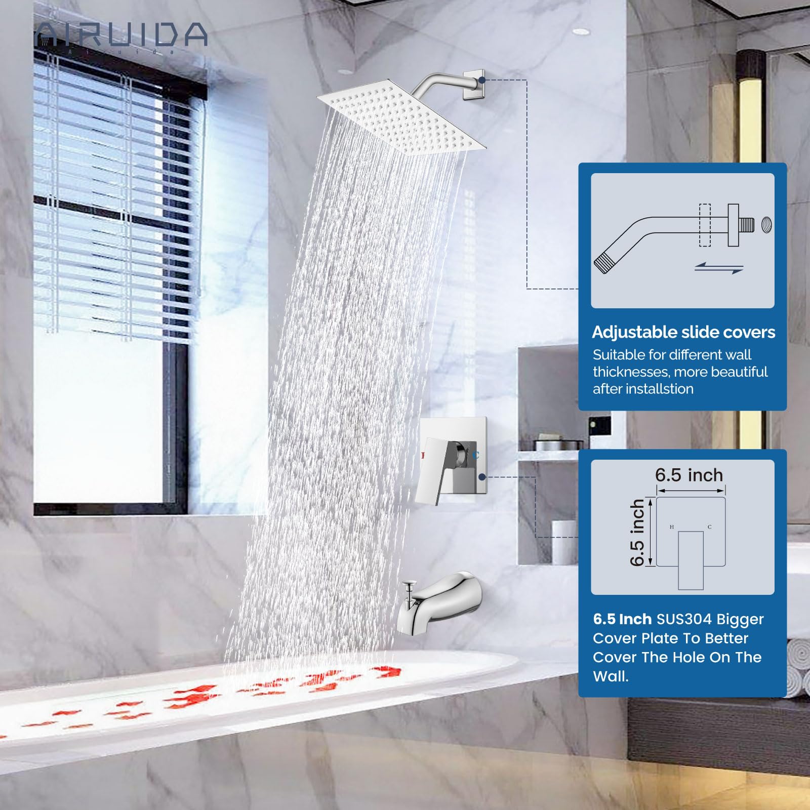 Airuida Shower Faucet Set with 8 Inch Rainfall Square Showerhead and Tub Spout Bathtub Faucet Kit Shower Tub Faucet Set Complete Tub Shower Trim Kit with Solid Brass Rough-in Valve Matte Black