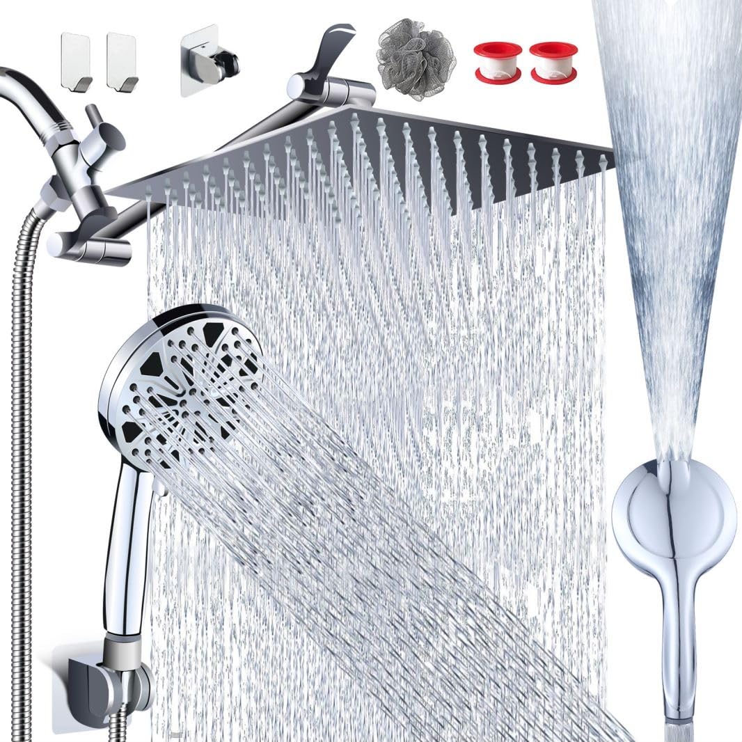 Razime 10''Rainfall Shower Head with Handheld Combo High Pressure 8+2 MODE built-in power wash, Stainless Steel Chrome Showerhead with 11'' Extension Arm Height/Angle Adjustable with Holder&60"Hose