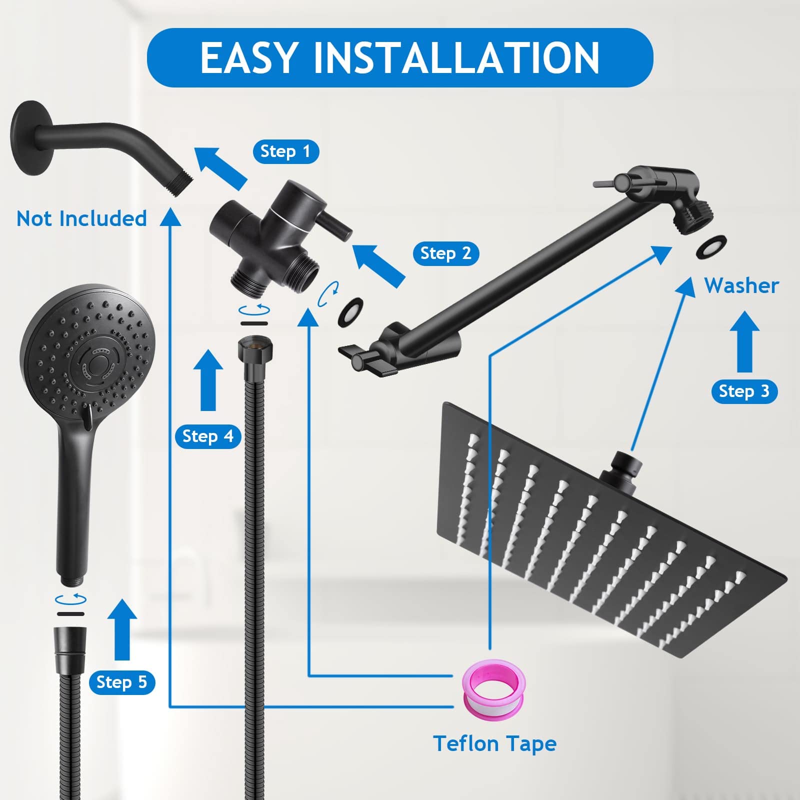 Shower Head Combo,10 Inch High Pressure Rain Shower Head with 11 Inch Adjustable Extension Arm and 5 Settings Handheld ,Powerful Shower Spray Against Low Pressure Water with Long Hose