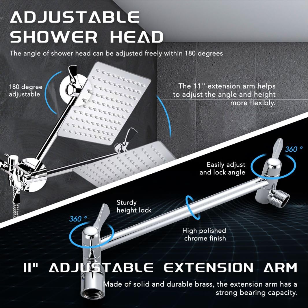 Razime 10''Rainfall Shower Head with Handheld Combo High Pressure 8+2 MODE built-in power wash, Stainless Steel Chrome Showerhead with 11'' Extension Arm Height/Angle Adjustable with Holder&60"Hose