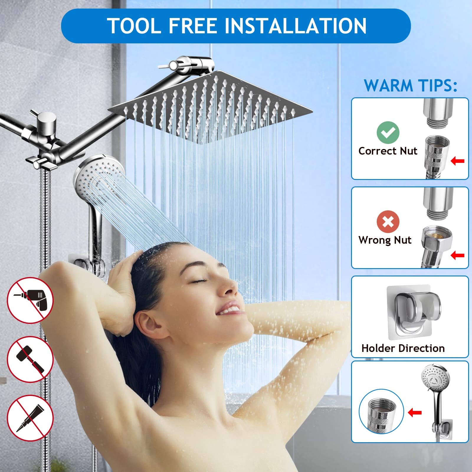 Shower Head Combo,10 Inch High Pressure Rain Shower Head with 11 Inch Adjustable Extension Arm and 5 Settings Handheld ,Powerful Shower Spray Against Low Pressure Water with Long Hose