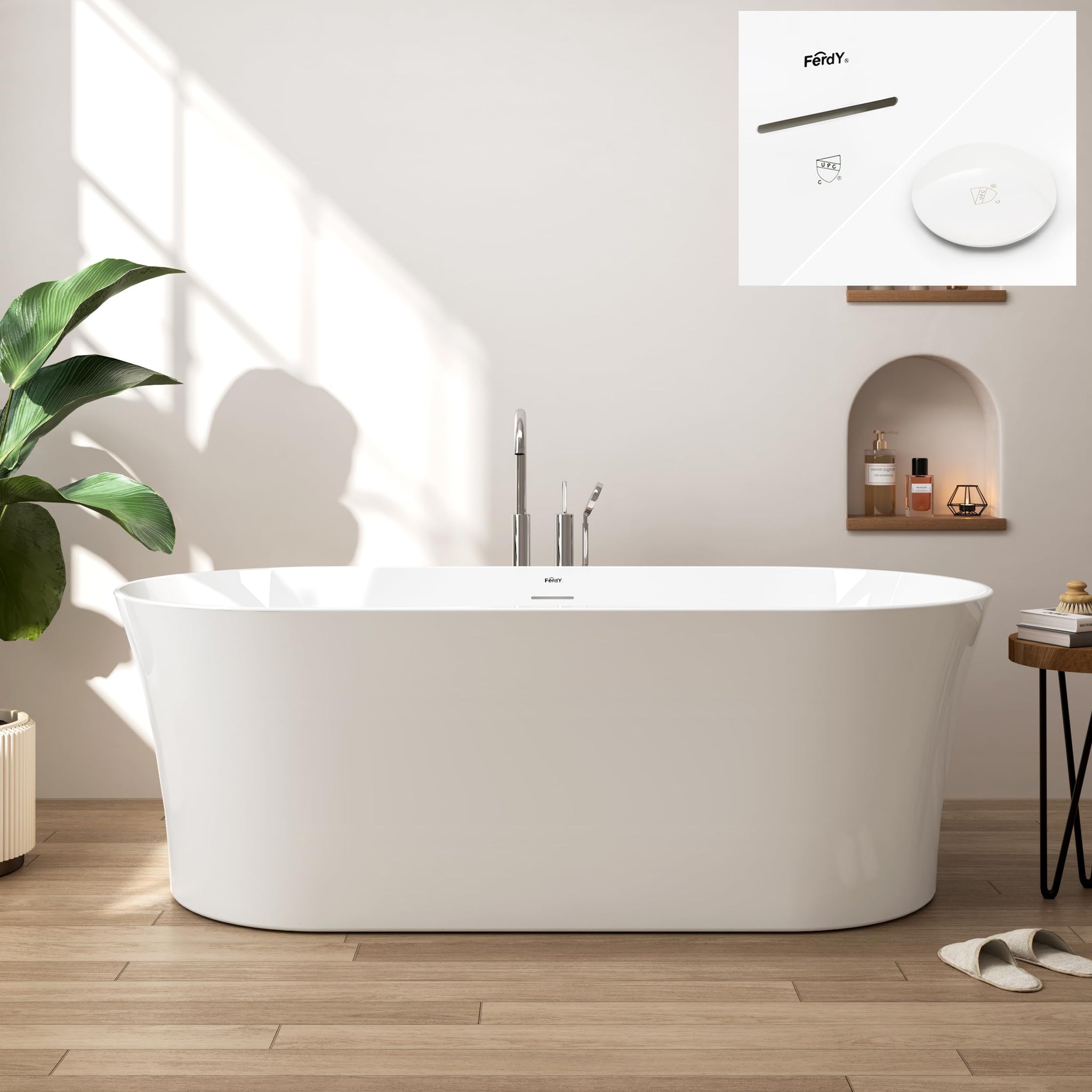 FerdY Tahiti 55" Acrylic Freestanding Bathtub, Elegant Oval Shape Soaking Bathtub, Glossy White, Brushed Nickel Drain & Integrated Slotted Overflow Assembly Included cUPC Certified