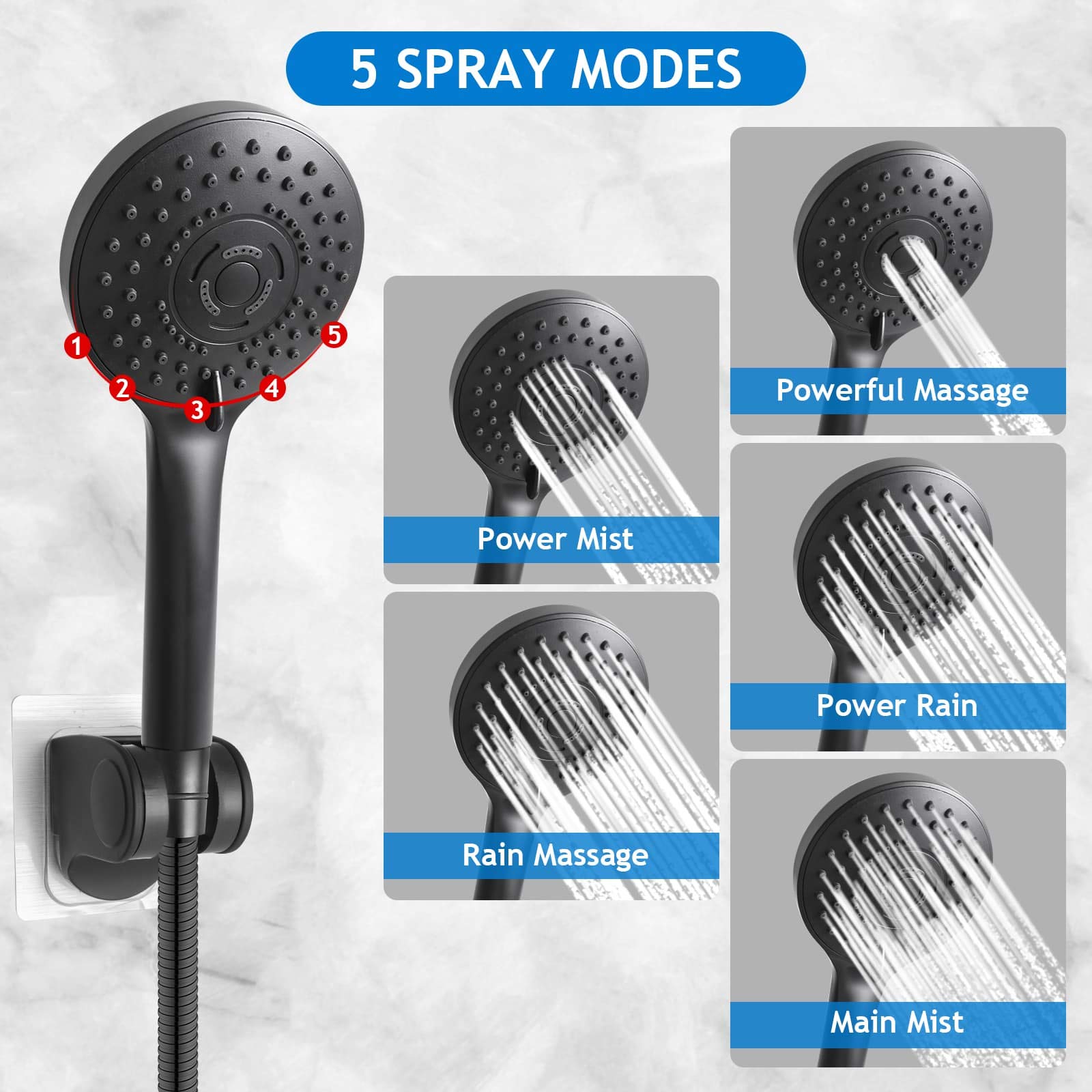 Shower Head Combo,10 Inch High Pressure Rain Shower Head with 11 Inch Adjustable Extension Arm and 5 Settings Handheld ,Powerful Shower Spray Against Low Pressure Water with Long Hose