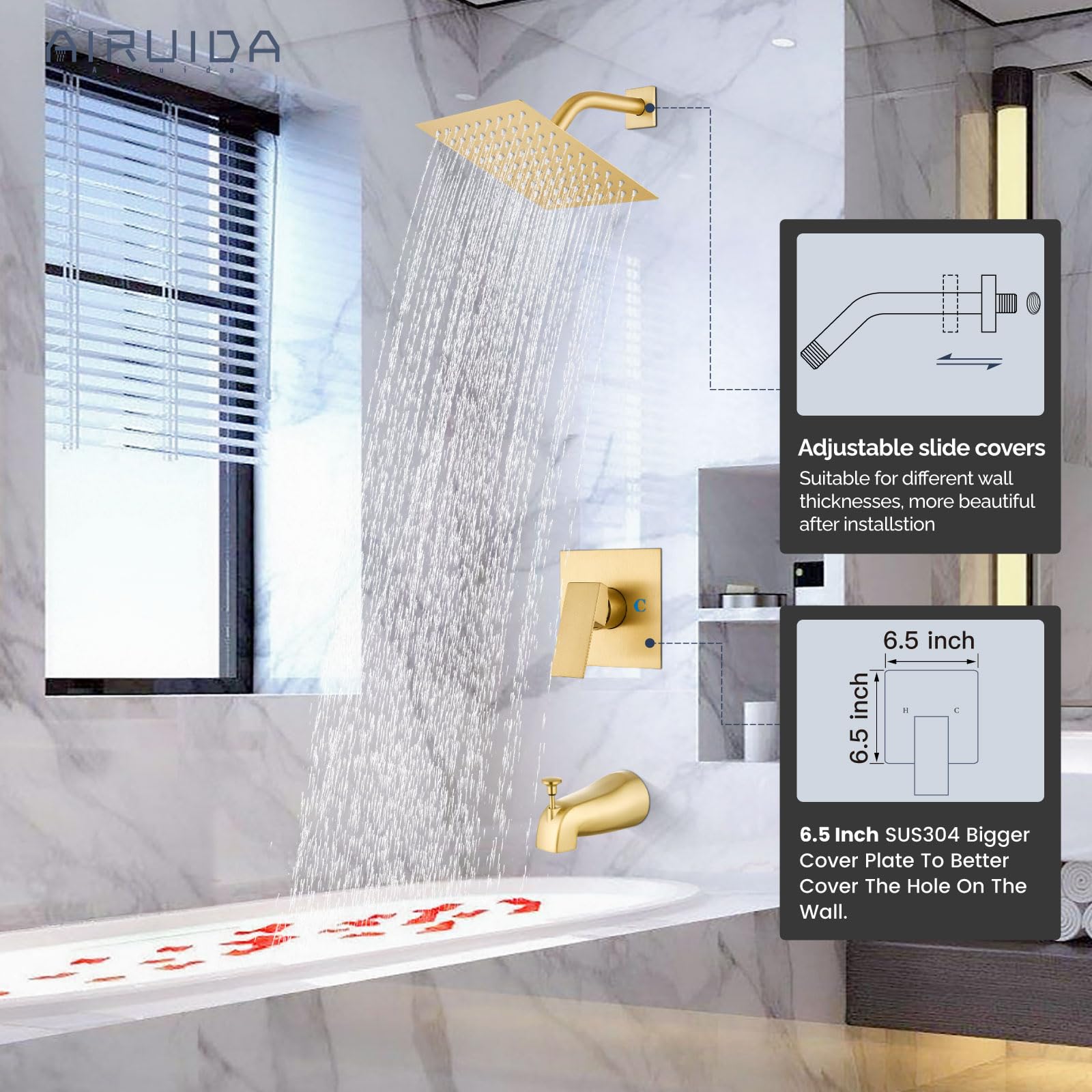 Airuida Shower Faucet Set with 8 Inch Rainfall Square Showerhead and Tub Spout Bathtub Faucet Kit Shower Tub Faucet Set Complete Tub Shower Trim Kit with Solid Brass Rough-in Valve Matte Black