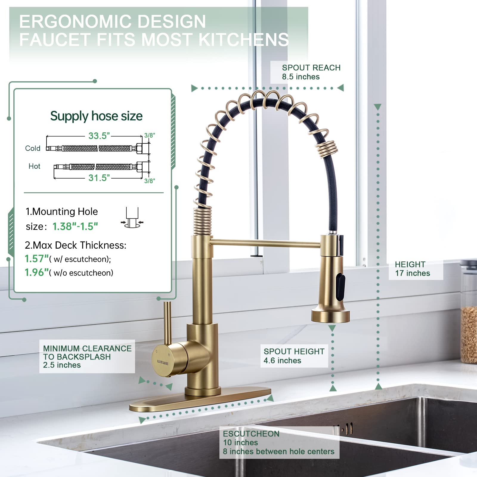 WEWE Kitchen Faucets with Pull Down Sprayer Commercial Industrial Stainless Steel Single Handle Single Hole Spring Farmhouse RV Sink Faucet, Matte Black