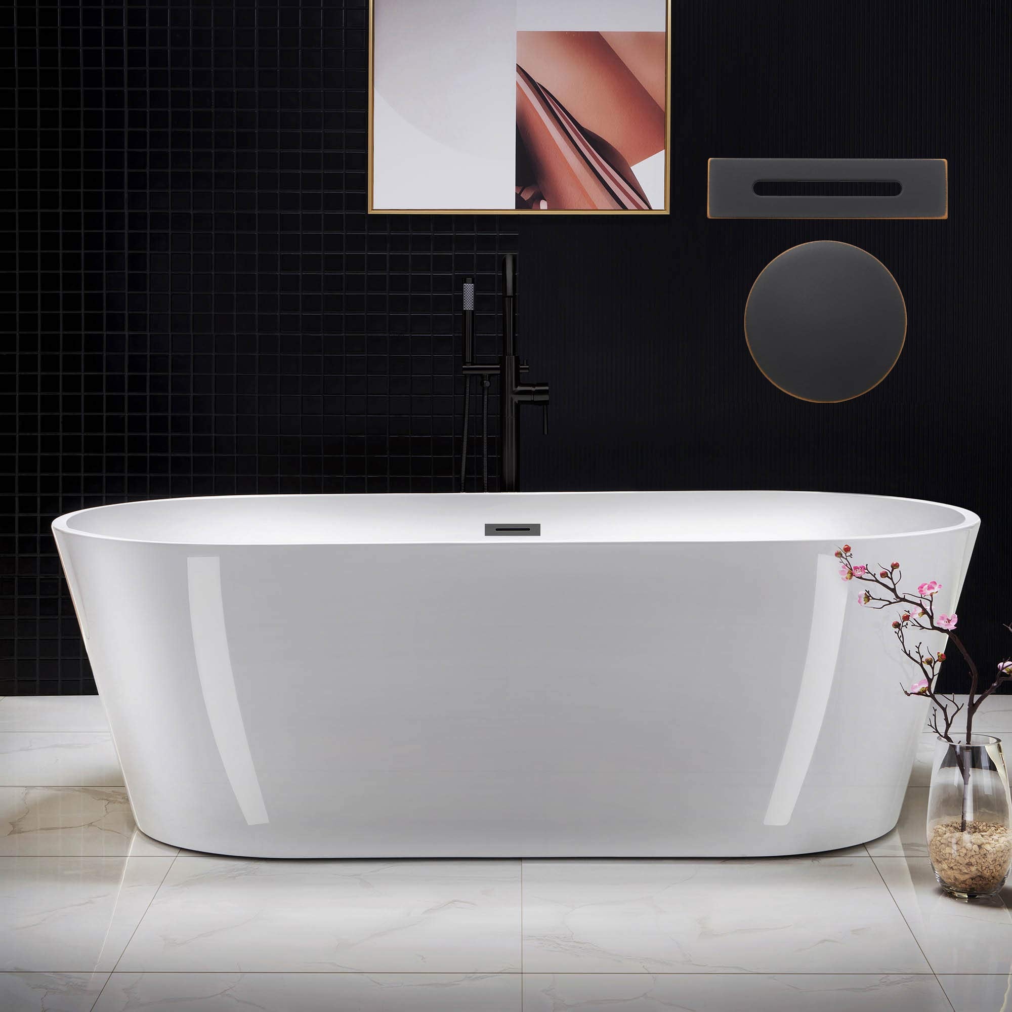 WOODBRIDGE 67" Acrylic Freestanding Bathtub Contemporary Soaking Tub, White Acrylic (Matte Black Drain/Overflow), B0013-MB-Drain &O