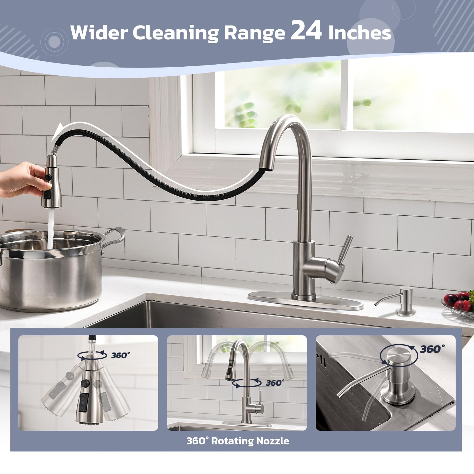 WEWE Single Handle High Arc Brushed Nickel Pull Out Kitchen Faucet,Single Level Stainless Steel Kitchen Sink Faucets with Pull Down Sprayer