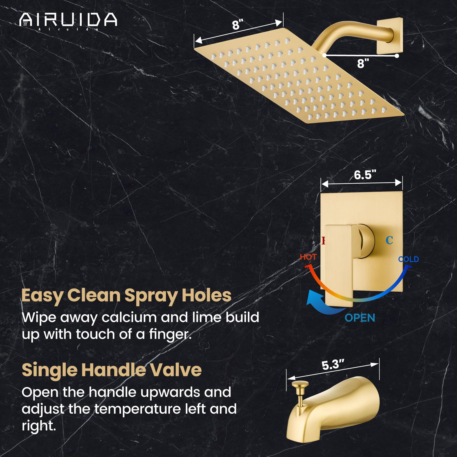 Airuida Shower Faucet Set with 8 Inch Rainfall Square Showerhead and Tub Spout Bathtub Faucet Kit Shower Tub Faucet Set Complete Tub Shower Trim Kit with Solid Brass Rough-in Valve Matte Black