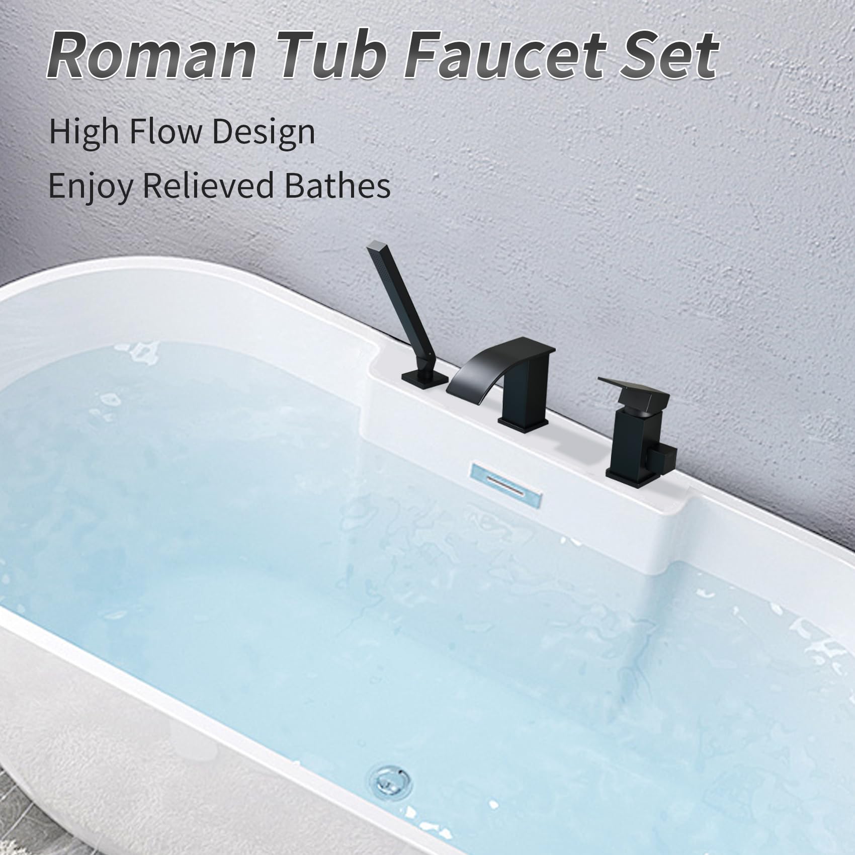 TapLong Waterfall Roman Tub Faucet with Hand Shower, Deck Mount 3 Hole Bathtub Faucet Set High Flow Bath Tub Faucet Set Deck Mount Solid Brass, Matte Black,03766B