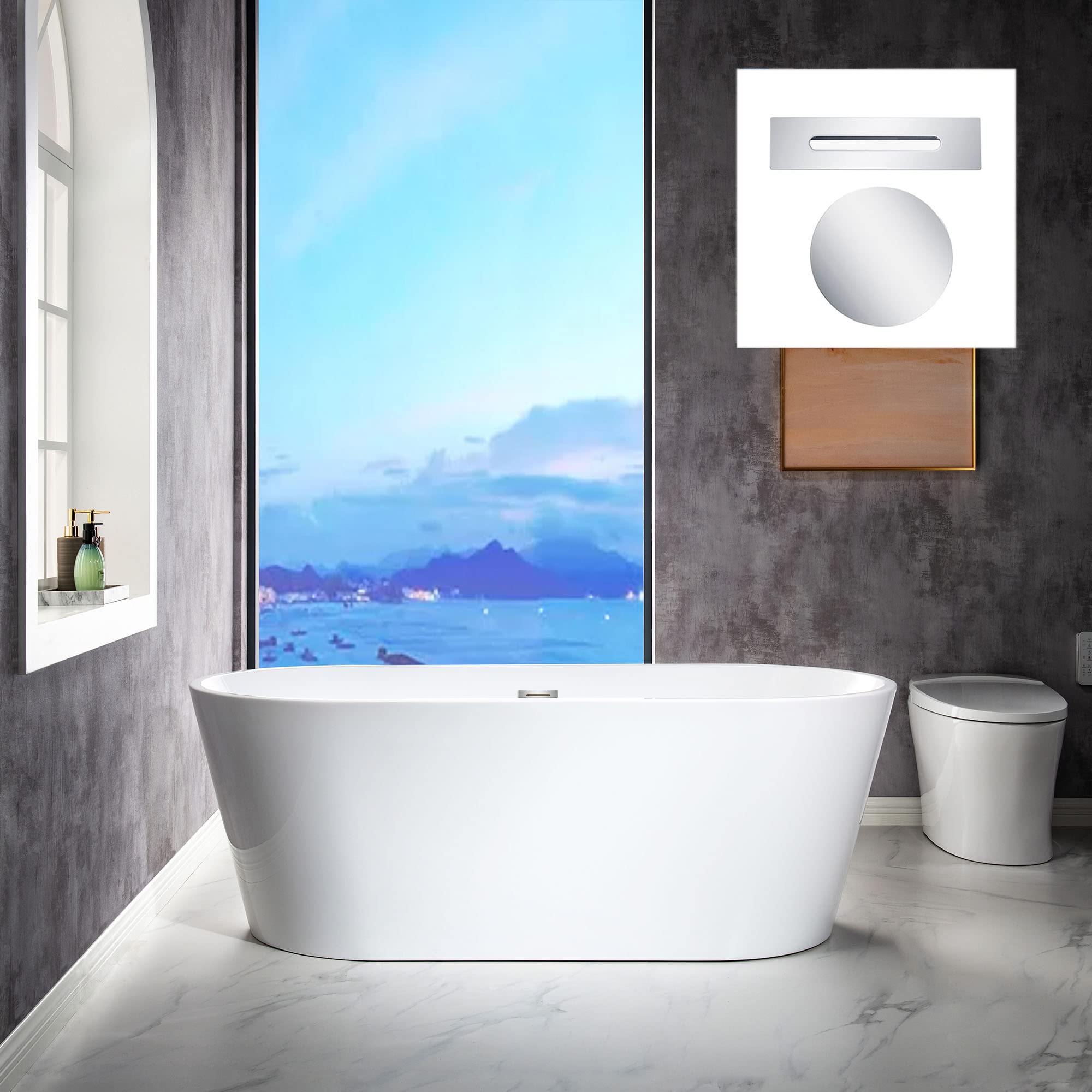 WOODBRIDGE 67" Acrylic Freestanding Bathtub Contemporary Soaking Tub, White Acrylic (Matte Black Drain/Overflow), B0013-MB-Drain &O