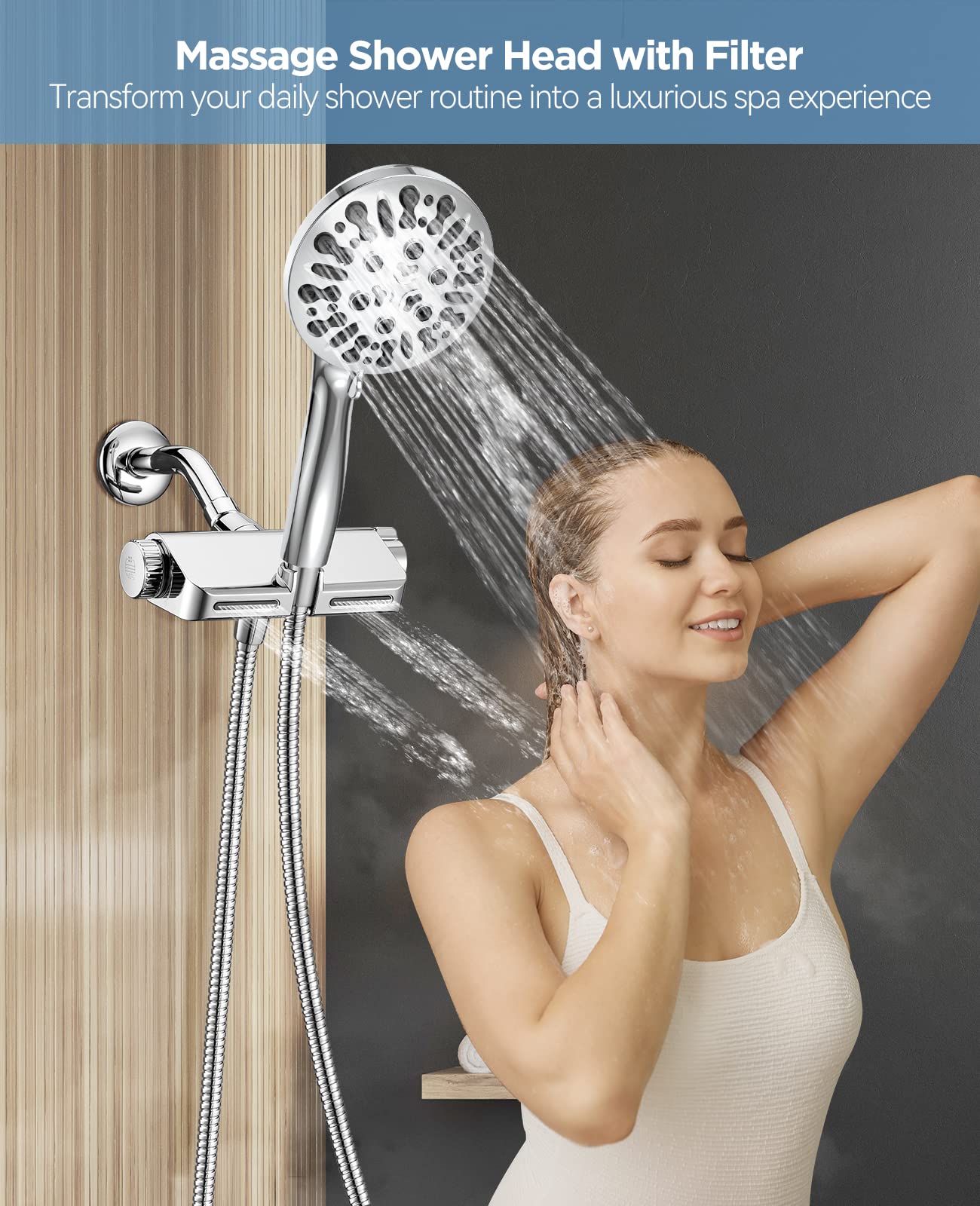 MakeFit Filtered Shower Head with Handheld Combo - Dual 2-in-1 Spa System with Massage Shower Head and 10 Modes Hand Held Shower Head, High Pressure, Built in Power Wash Mode (Chrome)