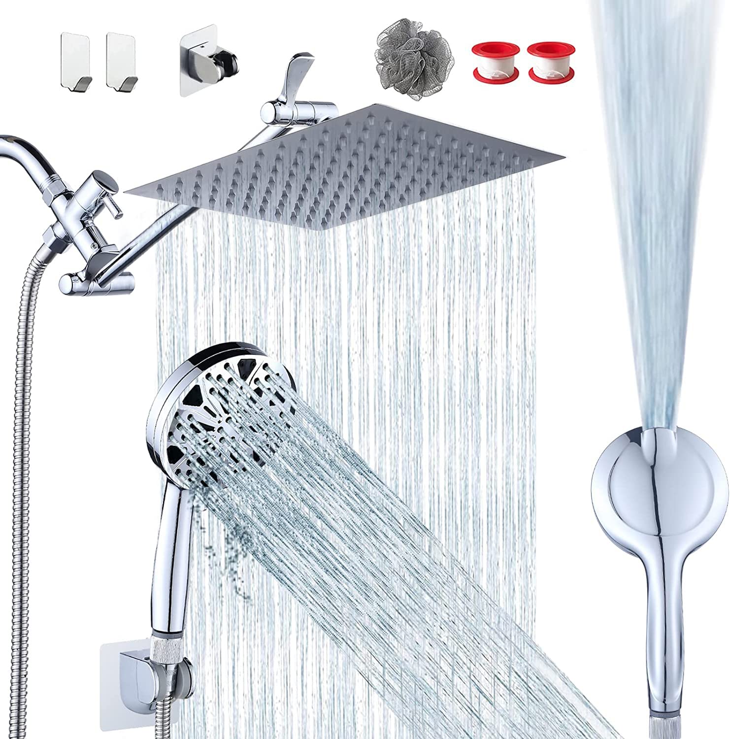 Razime 10''Rainfall Shower Head with Handheld Combo High Pressure 8+2 MODE built-in power wash, Stainless Steel Chrome Showerhead with 11'' Extension Arm Height/Angle Adjustable with Holder&60"Hose