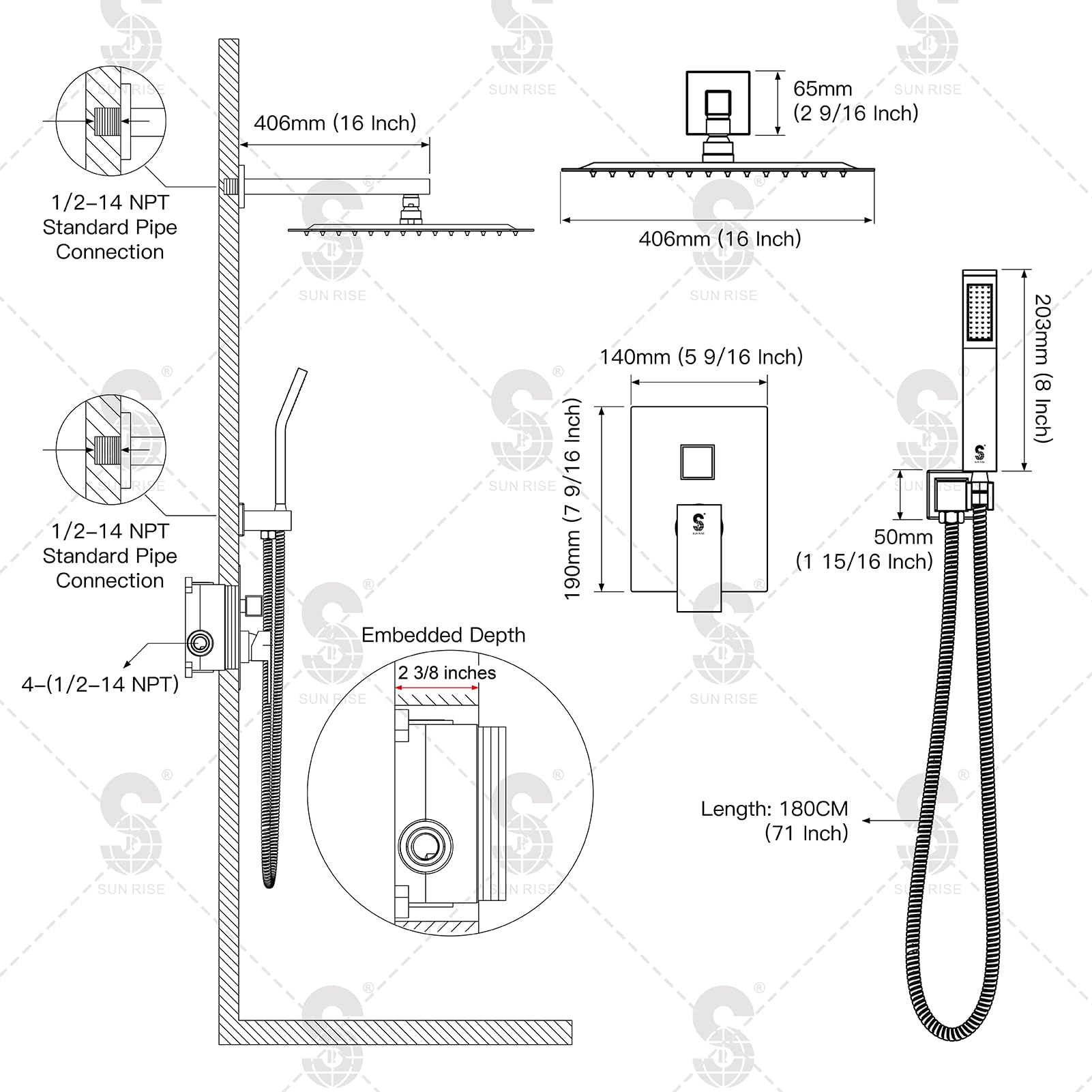 SR SUN RISE Shower Faucet Set Bathroom Square Rain Shower Head with Handheld Spray Wall Mounted Rainfall Shower Fixtures Brushed Nickel Shower Faucet Trim Repair Kits (Contain Shower Valve)