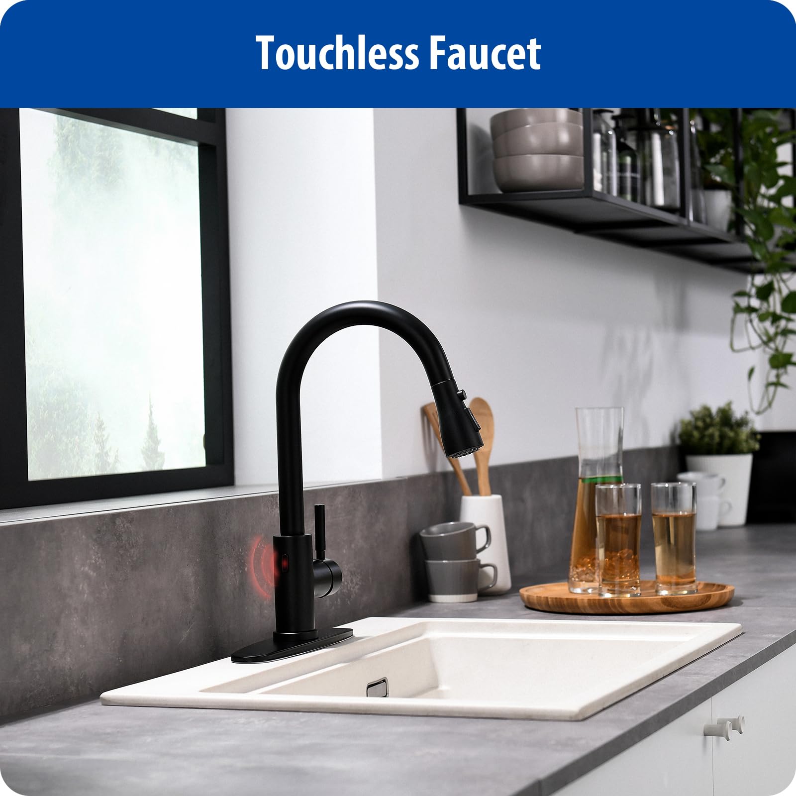 WEWE Kitchen Faucets with Pull Down Sprayer Commercial Industrial Stainless Steel Single Handle Single Hole Spring Farmhouse RV Sink Faucet, Matte Black