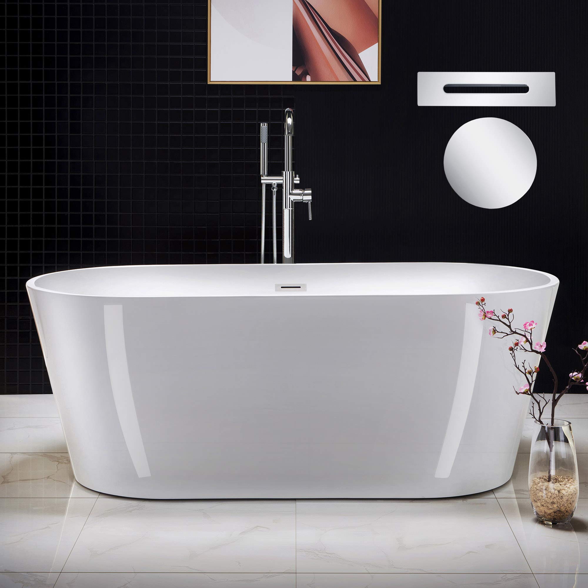 WOODBRIDGE 67" Acrylic Freestanding Bathtub Contemporary Soaking Tub, White Acrylic (Matte Black Drain/Overflow), B0013-MB-Drain &O