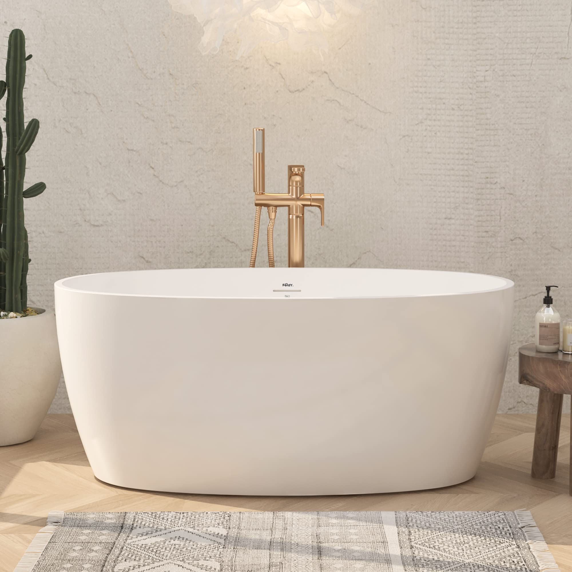 FerdY Tahiti 55" Acrylic Freestanding Bathtub, Elegant Oval Shape Soaking Bathtub, Glossy White, Brushed Nickel Drain & Integrated Slotted Overflow Assembly Included cUPC Certified