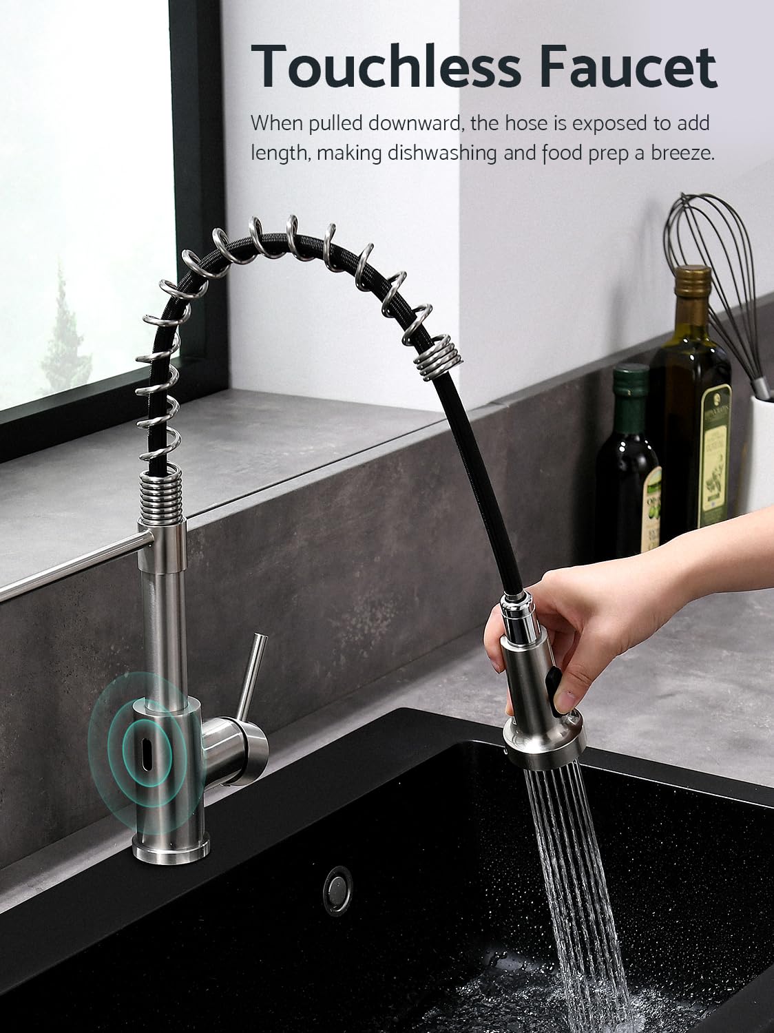 WEWE Kitchen Faucets with Pull Down Sprayer Commercial Industrial Stainless Steel Single Handle Single Hole Spring Farmhouse RV Sink Faucet, Matte Black