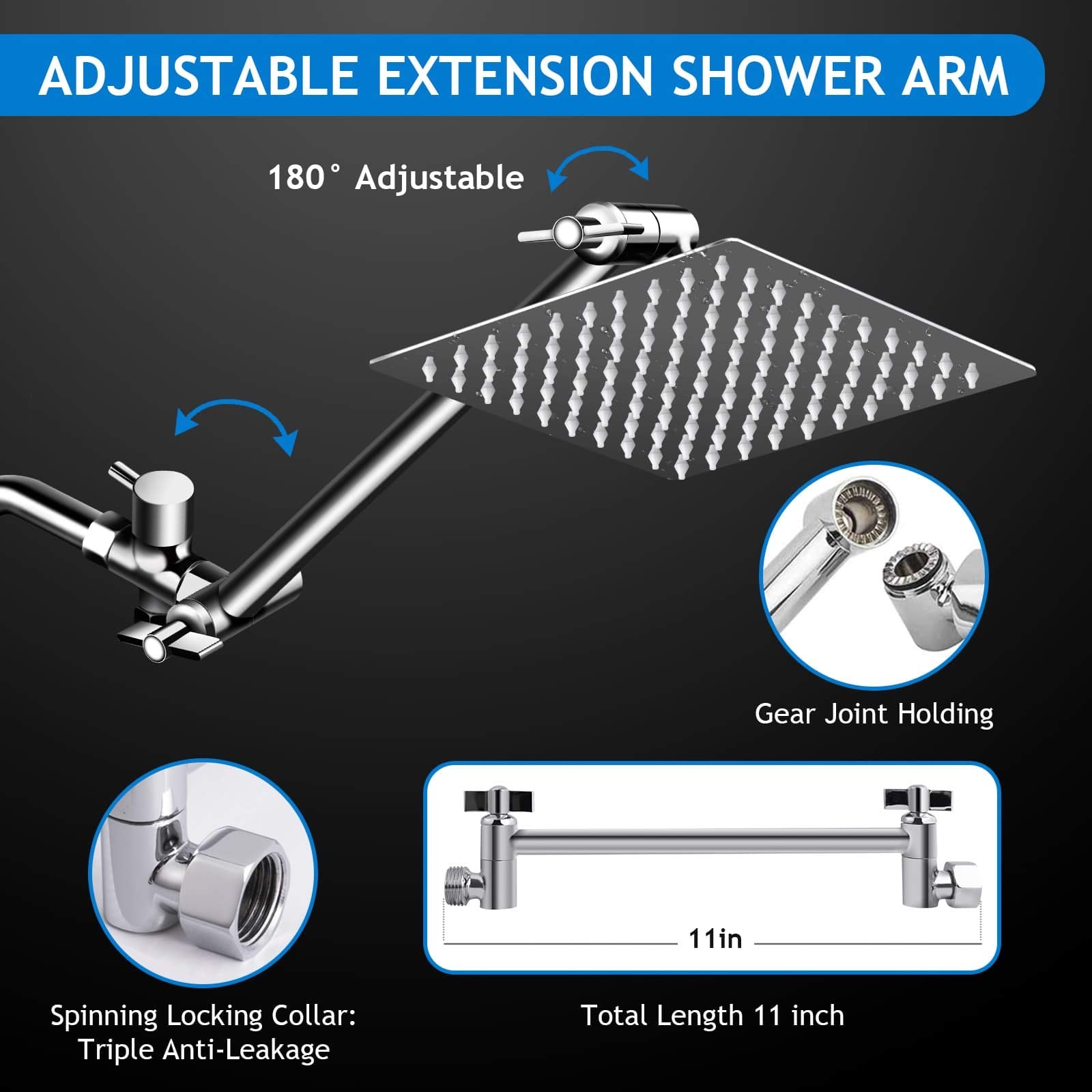 Shower Head Combo,10 Inch High Pressure Rain Shower Head with 11 Inch Adjustable Extension Arm and 5 Settings Handheld ,Powerful Shower Spray Against Low Pressure Water with Long Hose