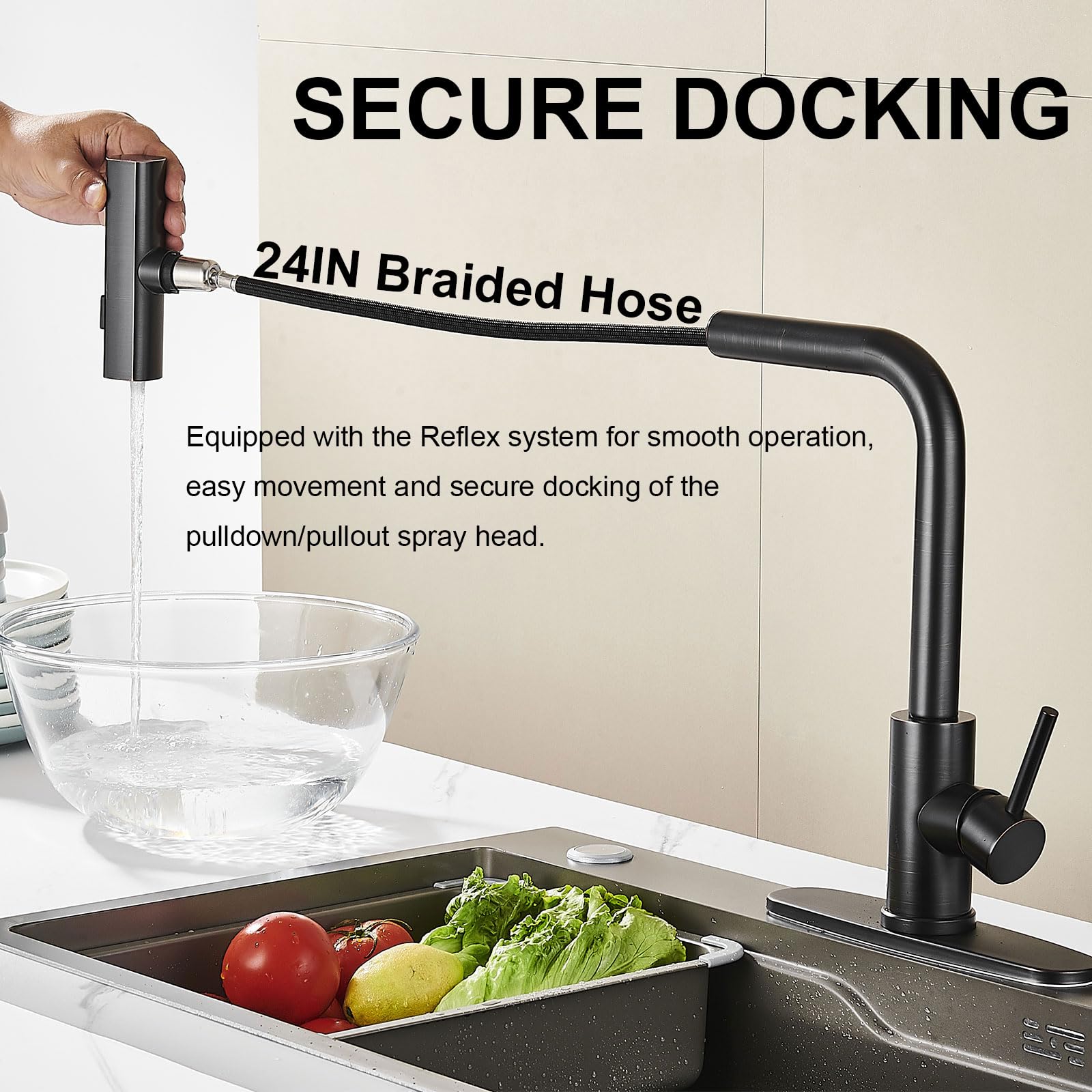 AVSIILE Kitchen Faucet with Pull Down Sprayer, Black Waterfall Touch Single Hole Stainless Steel Kitchen Sink Faucets, Commercial Modern Single Handle Faucets for Kitchen Sinks with Pull-Down Sprayer