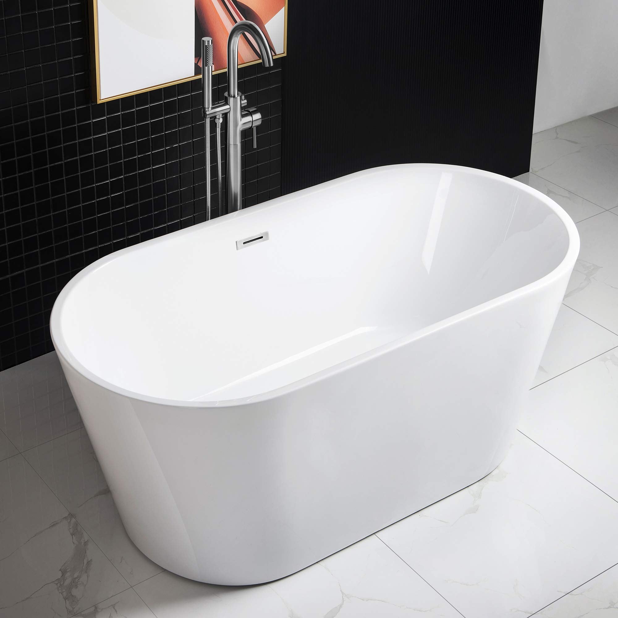 WOODBRIDGE 67" Acrylic Freestanding Bathtub Contemporary Soaking Tub, White Acrylic (Matte Black Drain/Overflow), B0013-MB-Drain &O