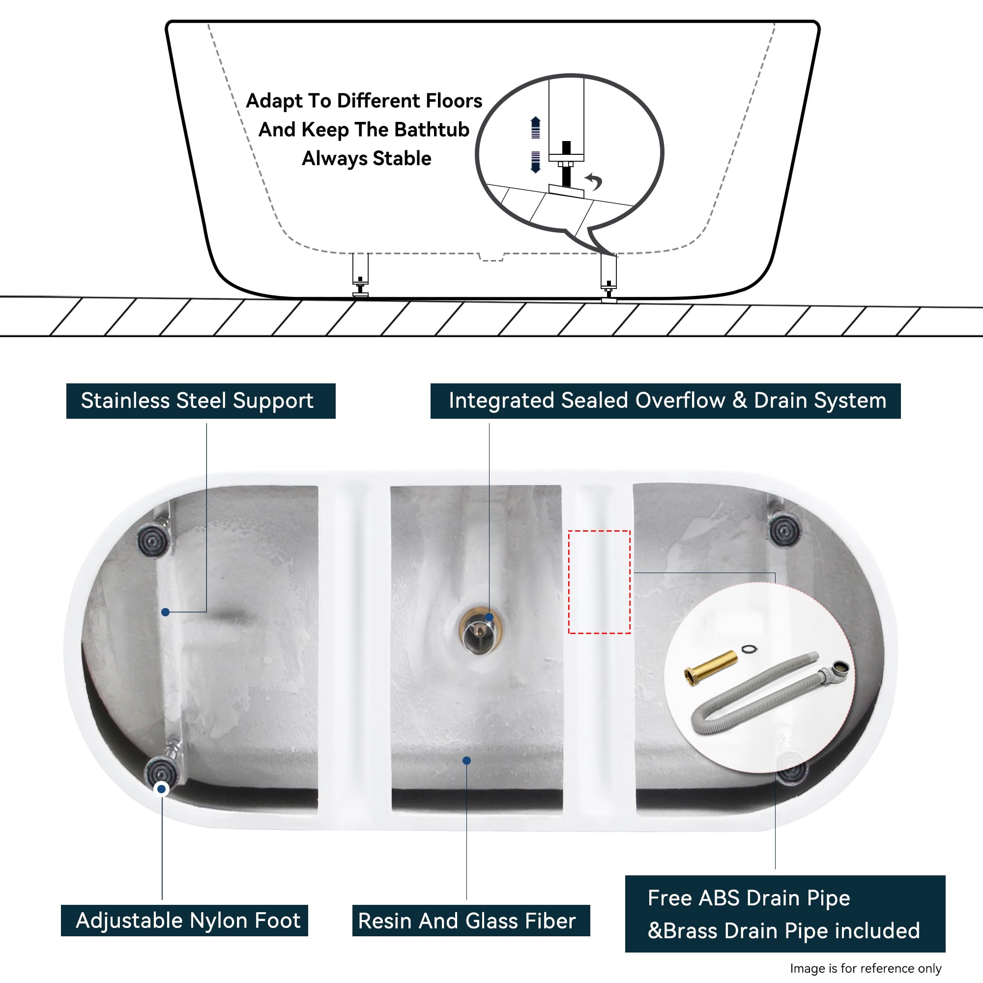 FerdY Shangri-La 67" Acrylic Freestanding Bathtub, Classic Oval Shape Acrylic Soaking Bathtub with Brushed Nickel Drain & Minimalist Linear Design Overflow, Modern White, cUPC Certified