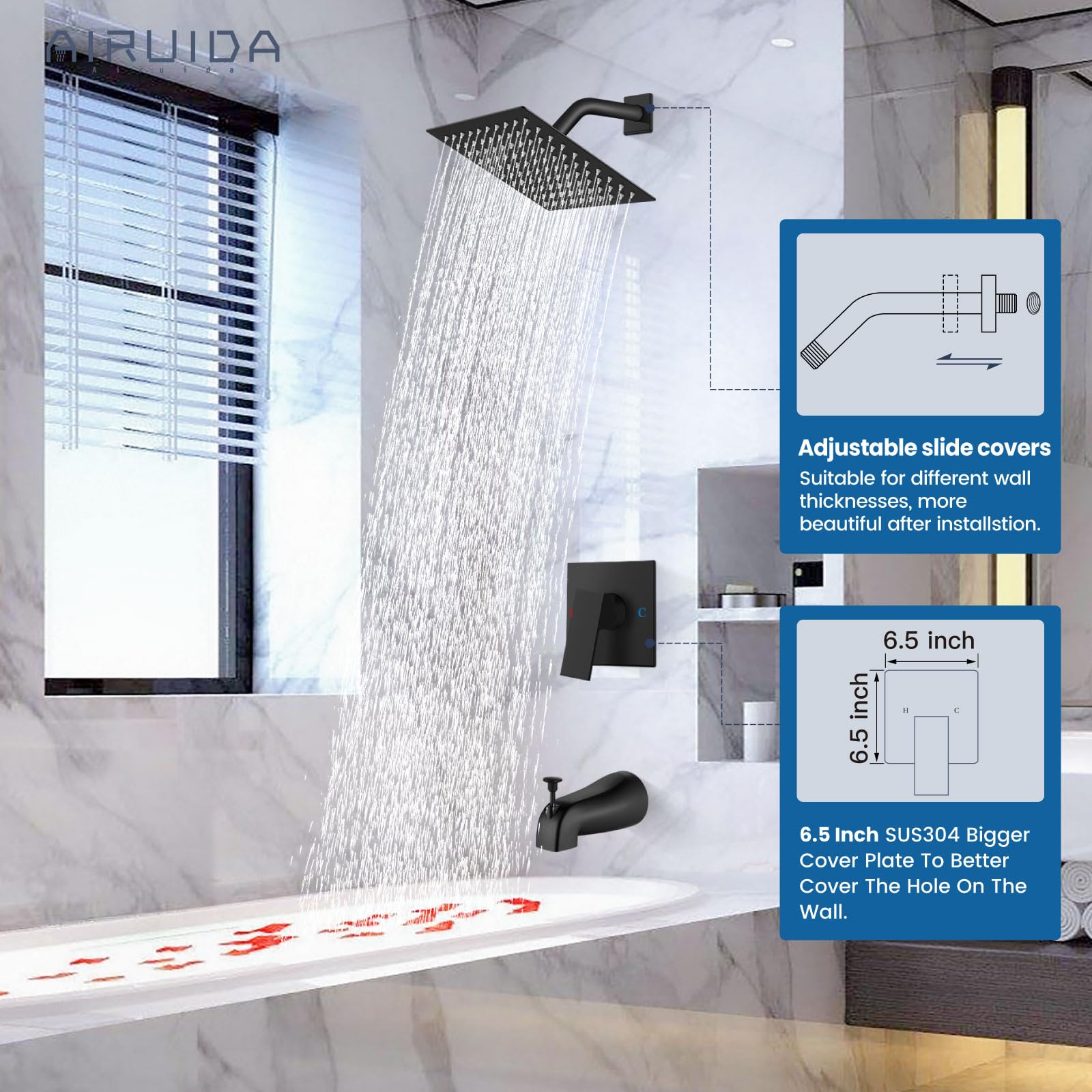 Airuida Shower Faucet Set with 8 Inch Rainfall Square Showerhead and Tub Spout Bathtub Faucet Kit Shower Tub Faucet Set Complete Tub Shower Trim Kit with Solid Brass Rough-in Valve Matte Black