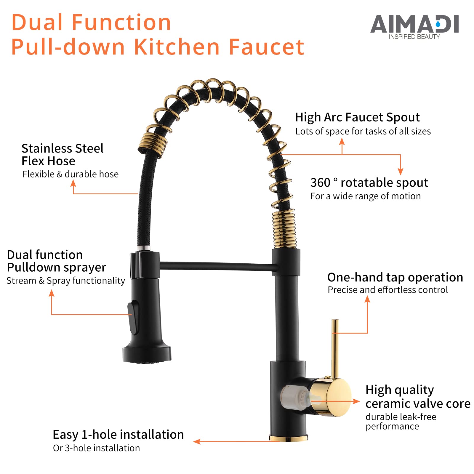 AIMADI Black Kitchen Faucet with Sprayer - Commercial Faucet Kitchen Single Handle Spring Pull Down Kitchen Sink Faucet with LED Light,Matte Black