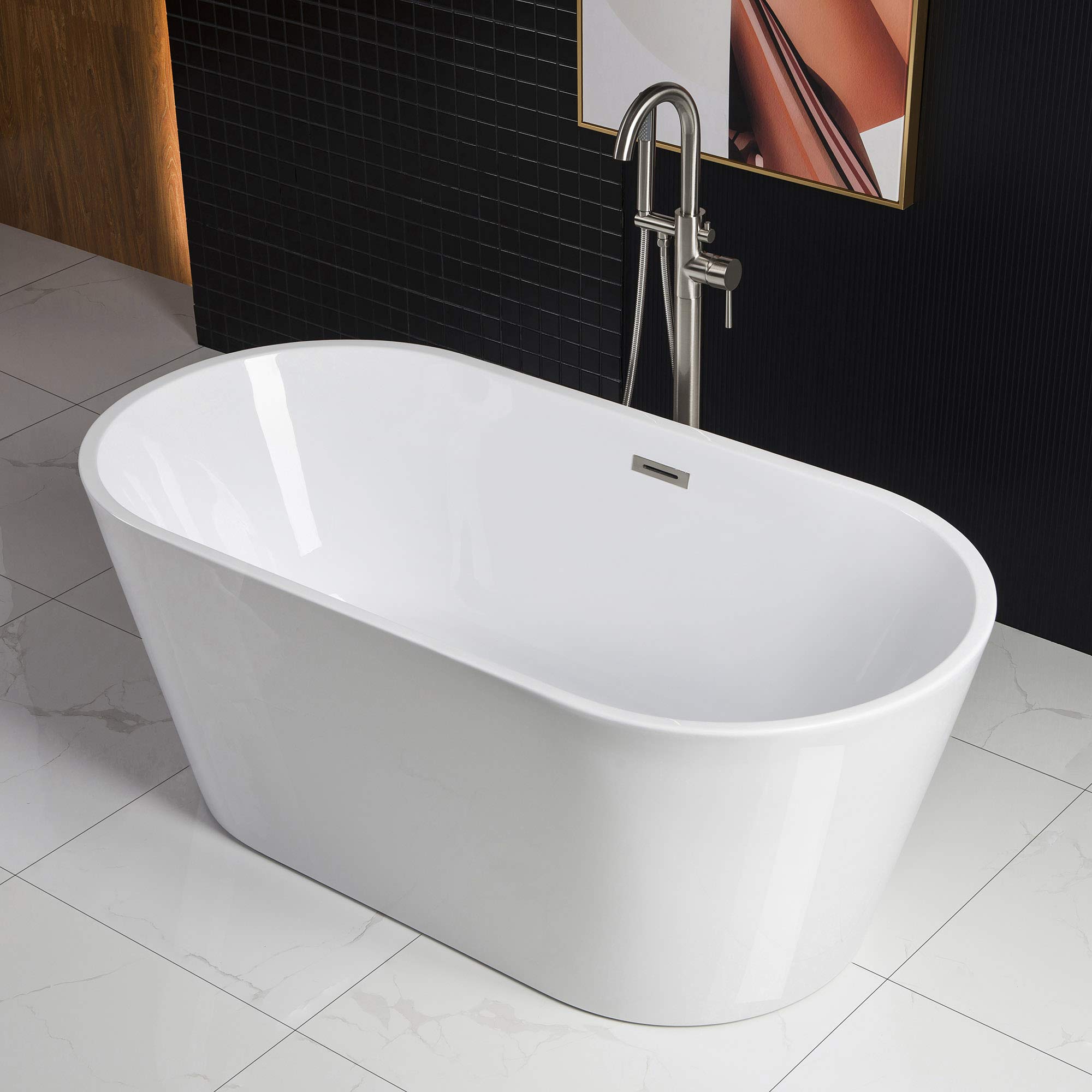 WOODBRIDGE 67" Acrylic Freestanding Bathtub Contemporary Soaking Tub, White Acrylic (Matte Black Drain/Overflow), B0013-MB-Drain &O