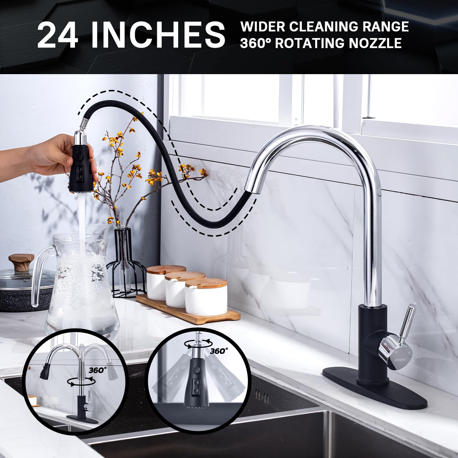 WEWE Single Handle High Arc Brushed Nickel Pull Out Kitchen Faucet,Single Level Stainless Steel Kitchen Sink Faucets with Pull Down Sprayer