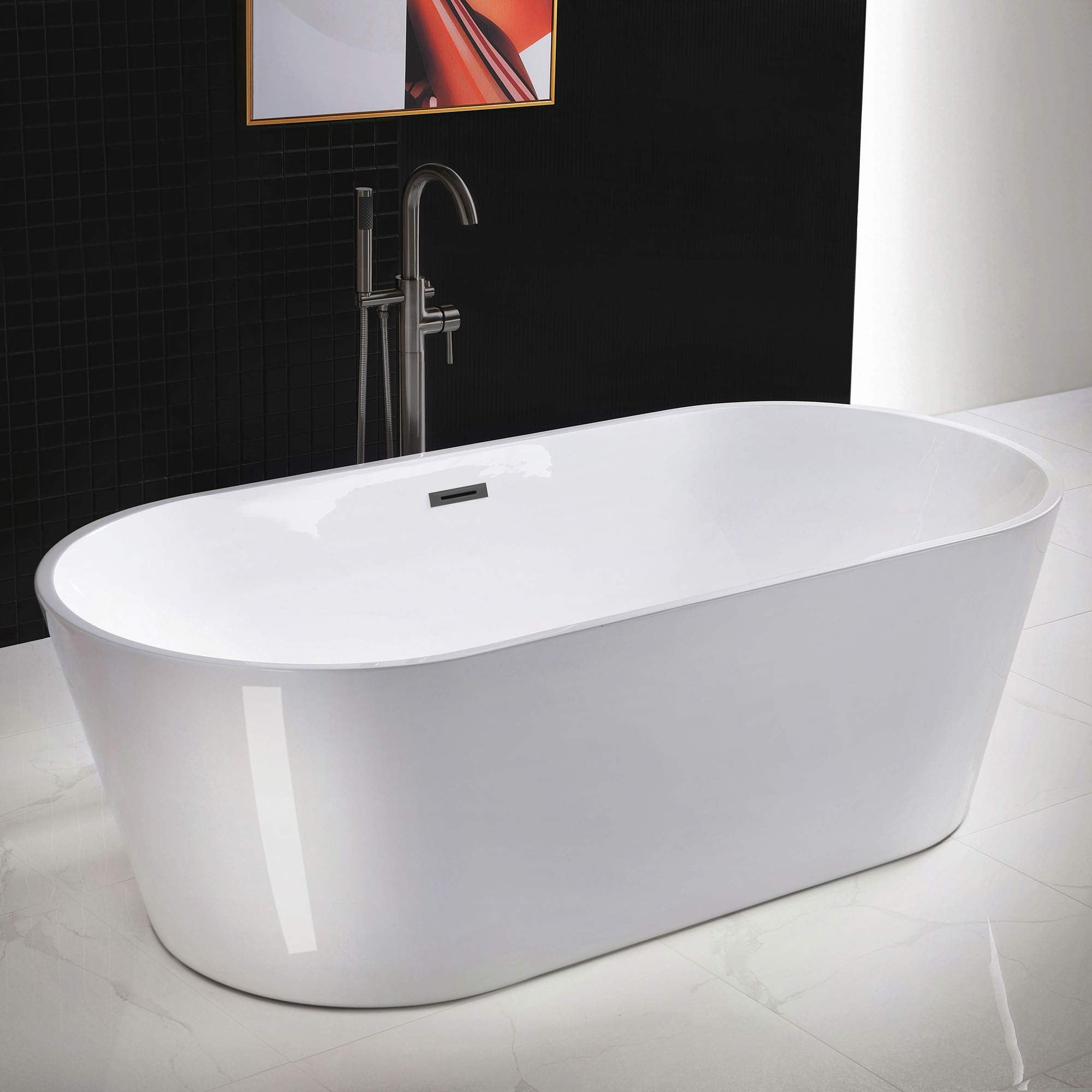 WOODBRIDGE 67" Acrylic Freestanding Bathtub Contemporary Soaking Tub, White Acrylic (Matte Black Drain/Overflow), B0013-MB-Drain &O