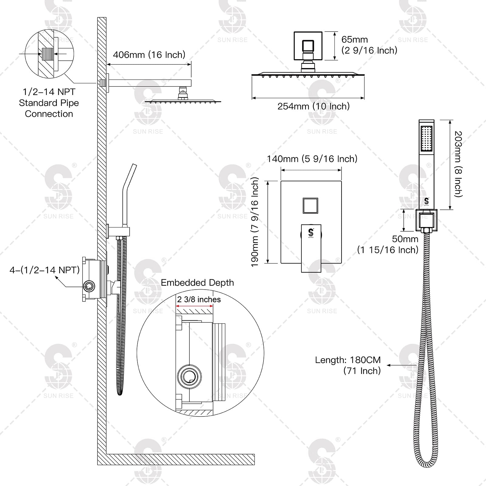 SR SUN RISE Shower Faucet Set Bathroom Square Rain Shower Head with Handheld Spray Wall Mounted Rainfall Shower Fixtures Brushed Nickel Shower Faucet Trim Repair Kits (Contain Shower Valve)