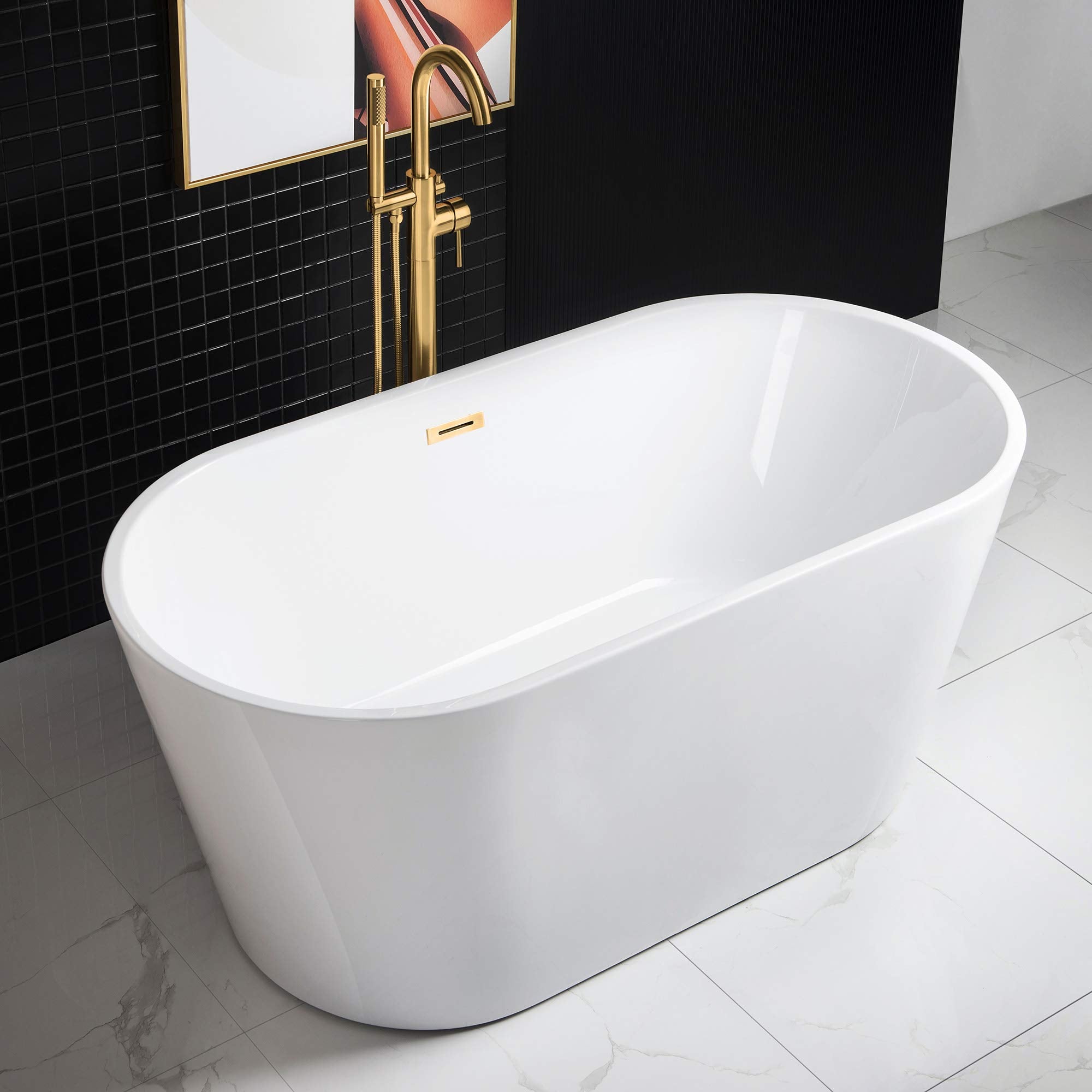 WOODBRIDGE 67" Acrylic Freestanding Bathtub Contemporary Soaking Tub, White Acrylic (Matte Black Drain/Overflow), B0013-MB-Drain &O