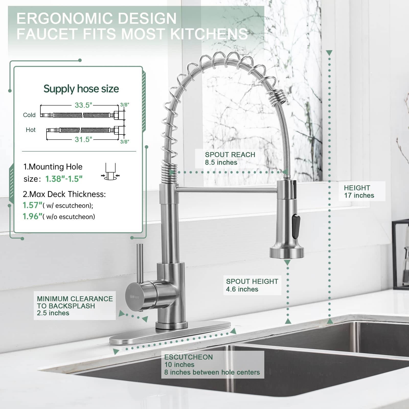 WEWE Kitchen Faucets with Pull Down Sprayer Commercial Industrial Stainless Steel Single Handle Single Hole Spring Farmhouse RV Sink Faucet, Matte Black