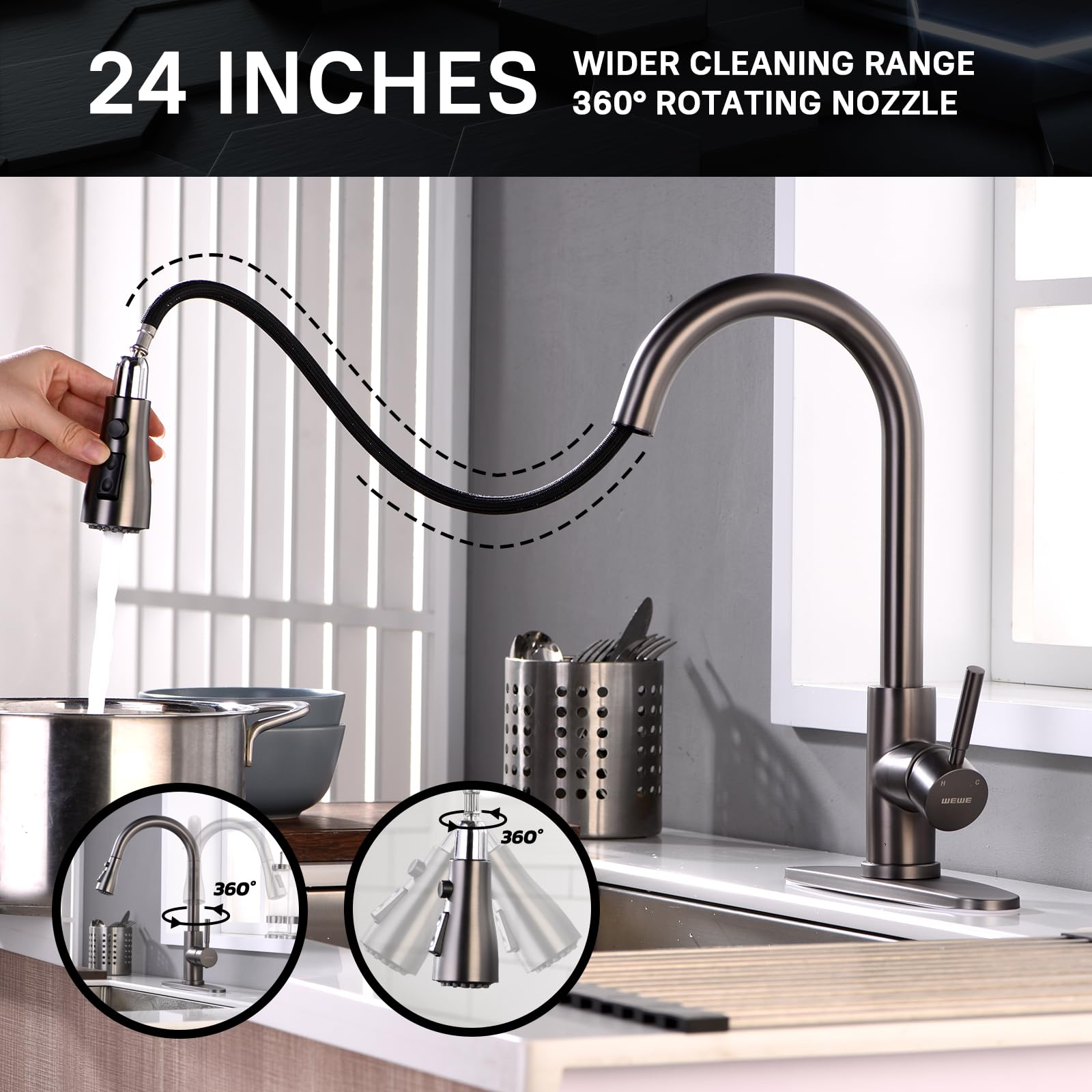 WEWE Single Handle High Arc Brushed Nickel Pull Out Kitchen Faucet,Single Level Stainless Steel Kitchen Sink Faucets with Pull Down Sprayer